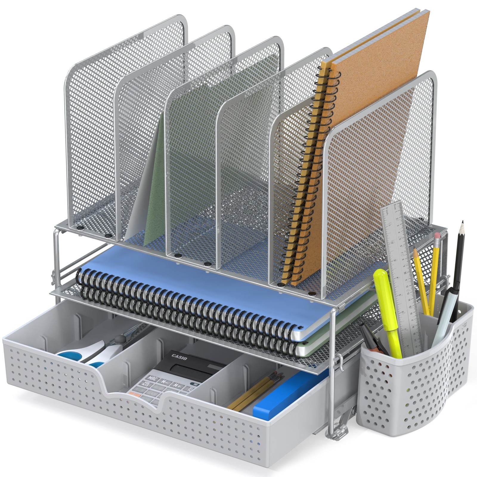 Mesh Desk Organizer with Sliding Drawer, Double Tray and 5 Upright Sections, …