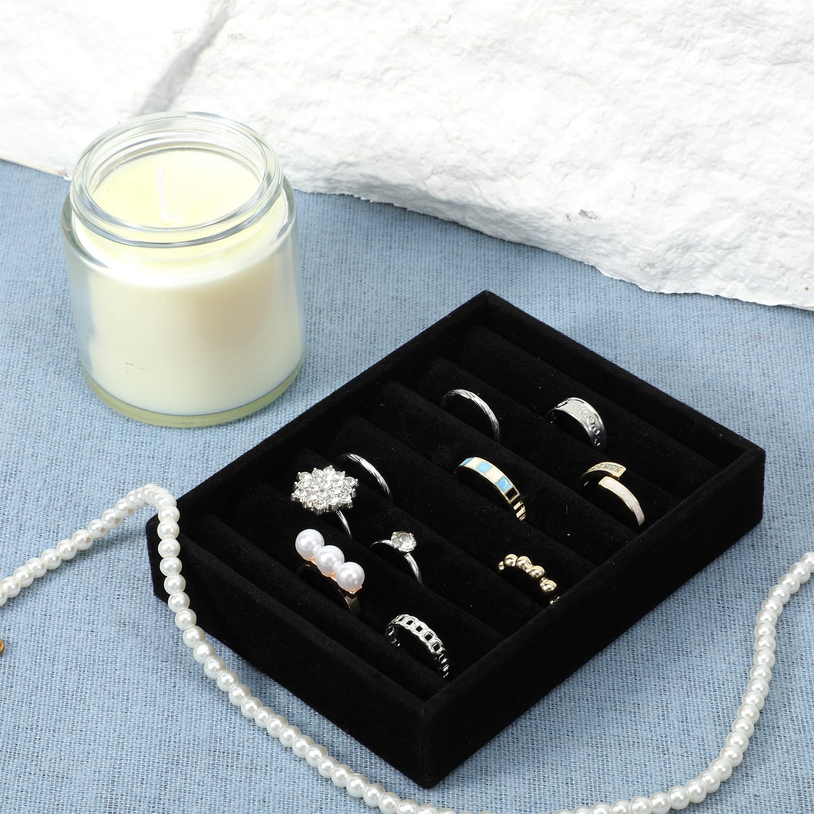 Xyembu 2 PCS Black Velvet Stackable Ring Organizer Tray, Earrings Display…