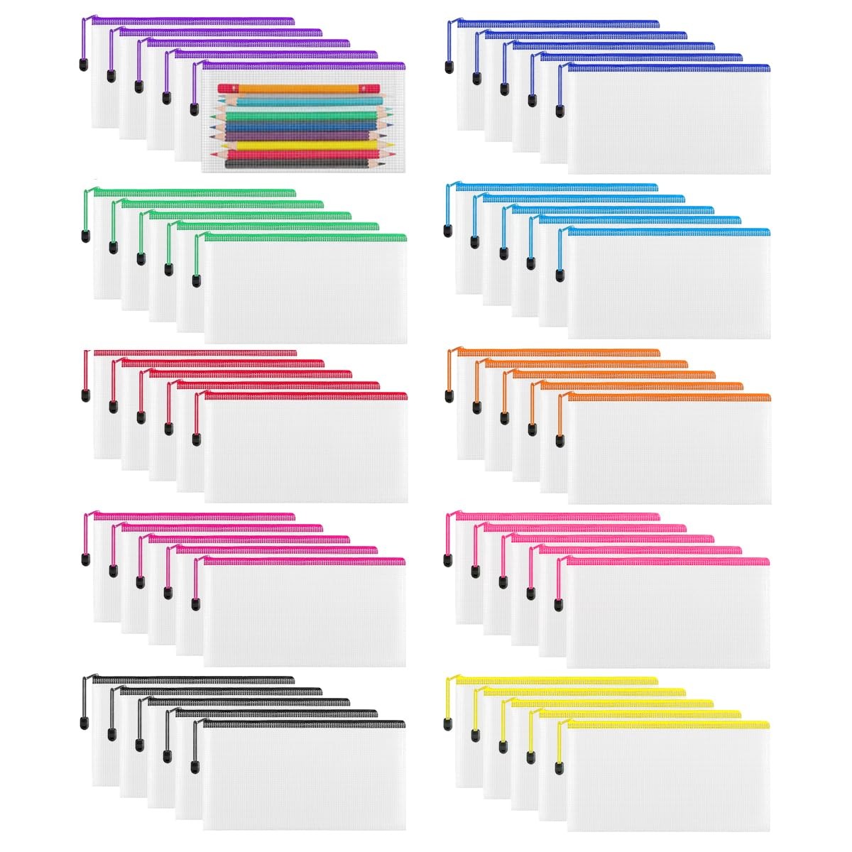 50 PCS Pencil Case Pouch 9.5×4.5 Inch Small Clear Mesh Zipper 10 Colors