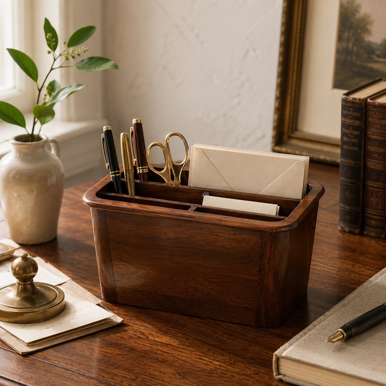 Vintage Wooden Desk Organizer Mail Sorter Office Caddy Walnut 1970s