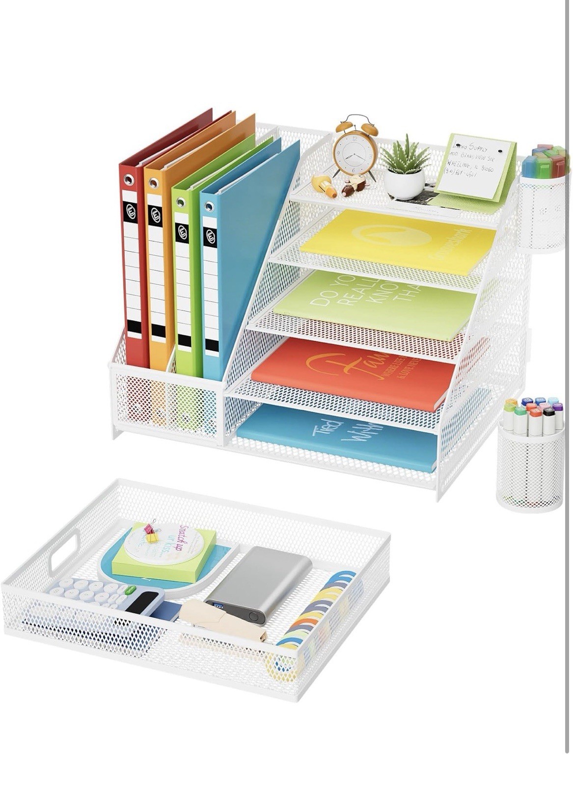 Desk Organizer w/ File Holder, 5-Tier Letter Tray w/ Drawer, Mesh White