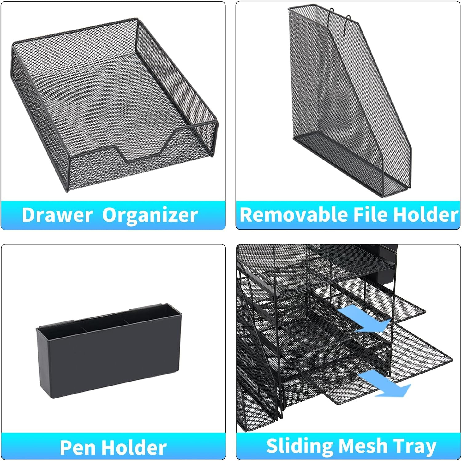5 Tier Desk Organizer with Letter Trays File Holder Drawer Pen Holder Black