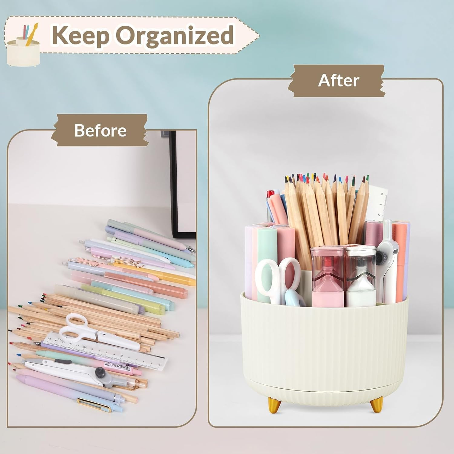 360 Rotating Plastic Desk Pen Organizer with 5 Slots, Dual-Purpose Art Supply Pe