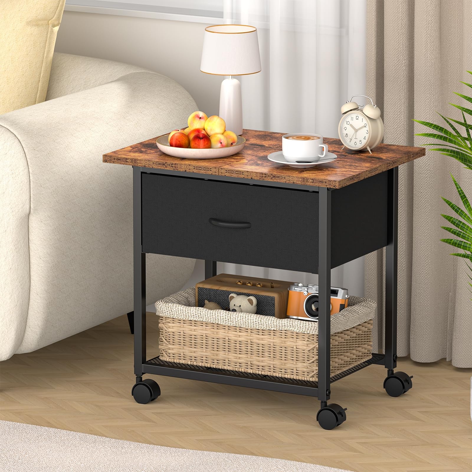 DAOUTIME 2-Tier Printer Stand with Storage Drawer, Under Desk Rustic Brown