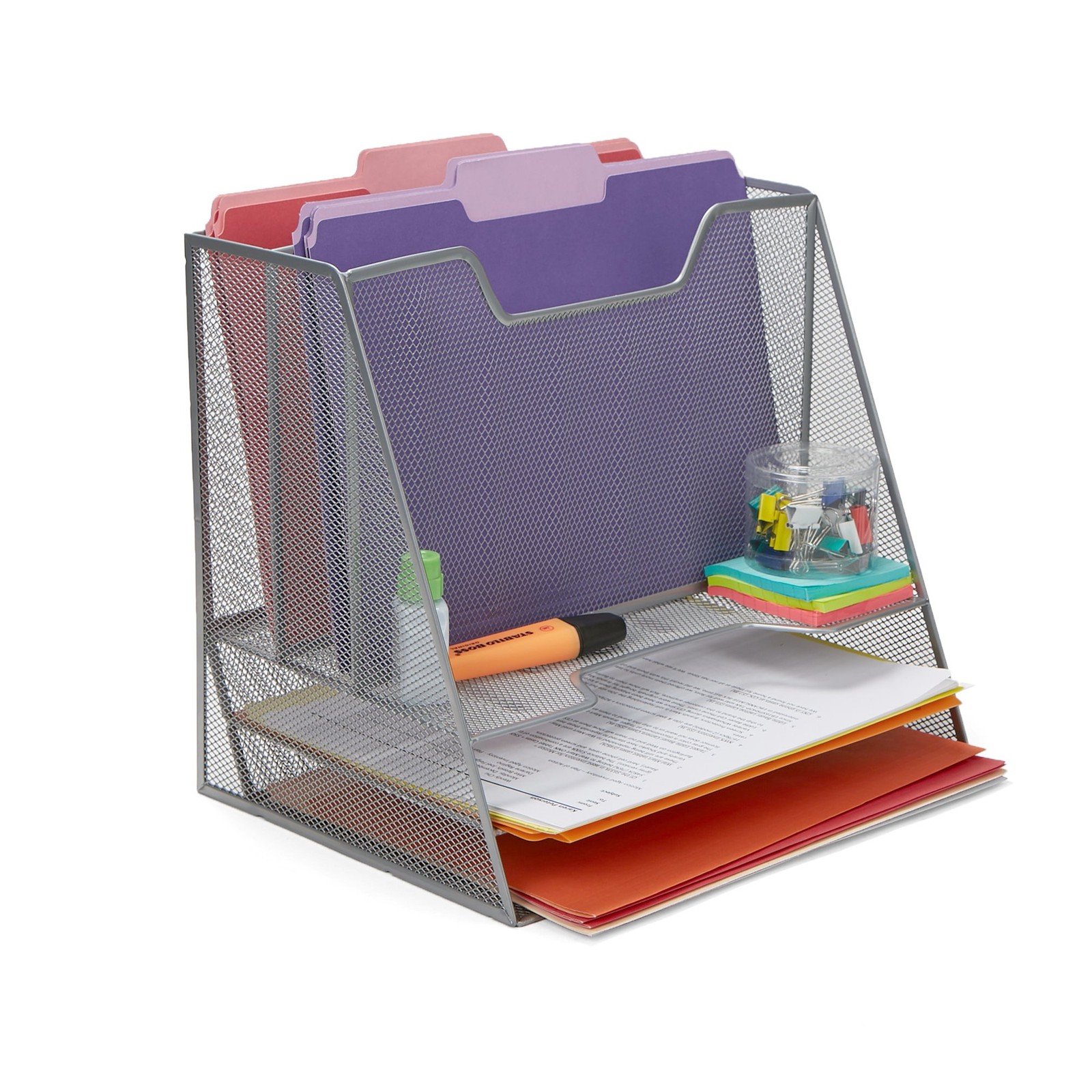 Metal Mesh Desktop File Organizer 3 Tier Paper Tray 5 Compartment Mail Silver