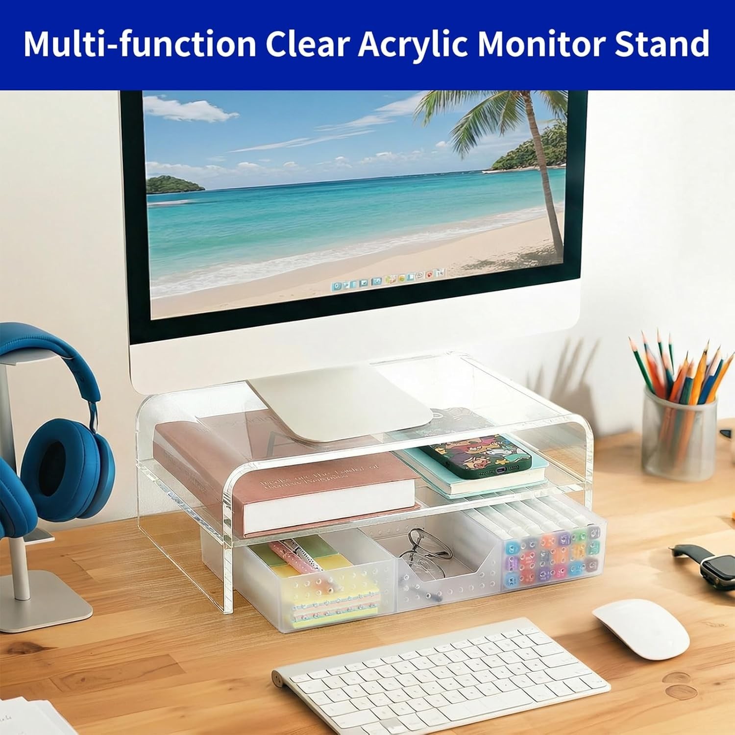 Sleek 2-Tier Acrylic Desk Riser with Drawer for Ultimate Office Organization