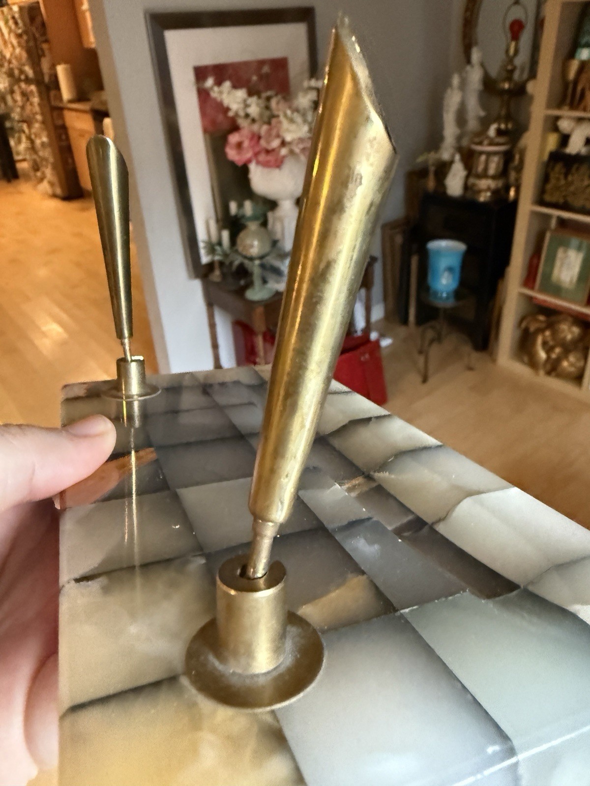 Green Marble Onyx Office Desk Double Brass Pen Holder Mid-Century Modern VTG