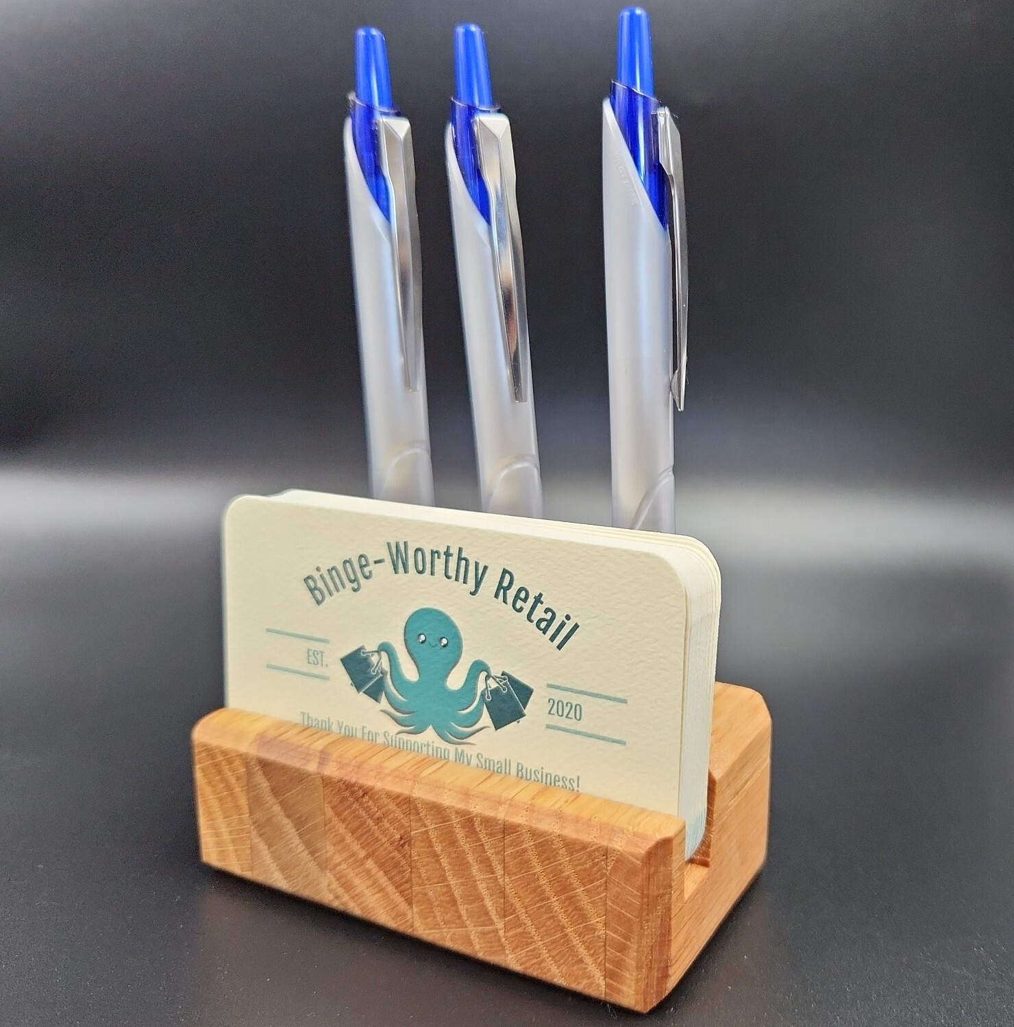 Desk Organizer Business Card Holder and Pen Stand Handmade Office Gift Oak Wood