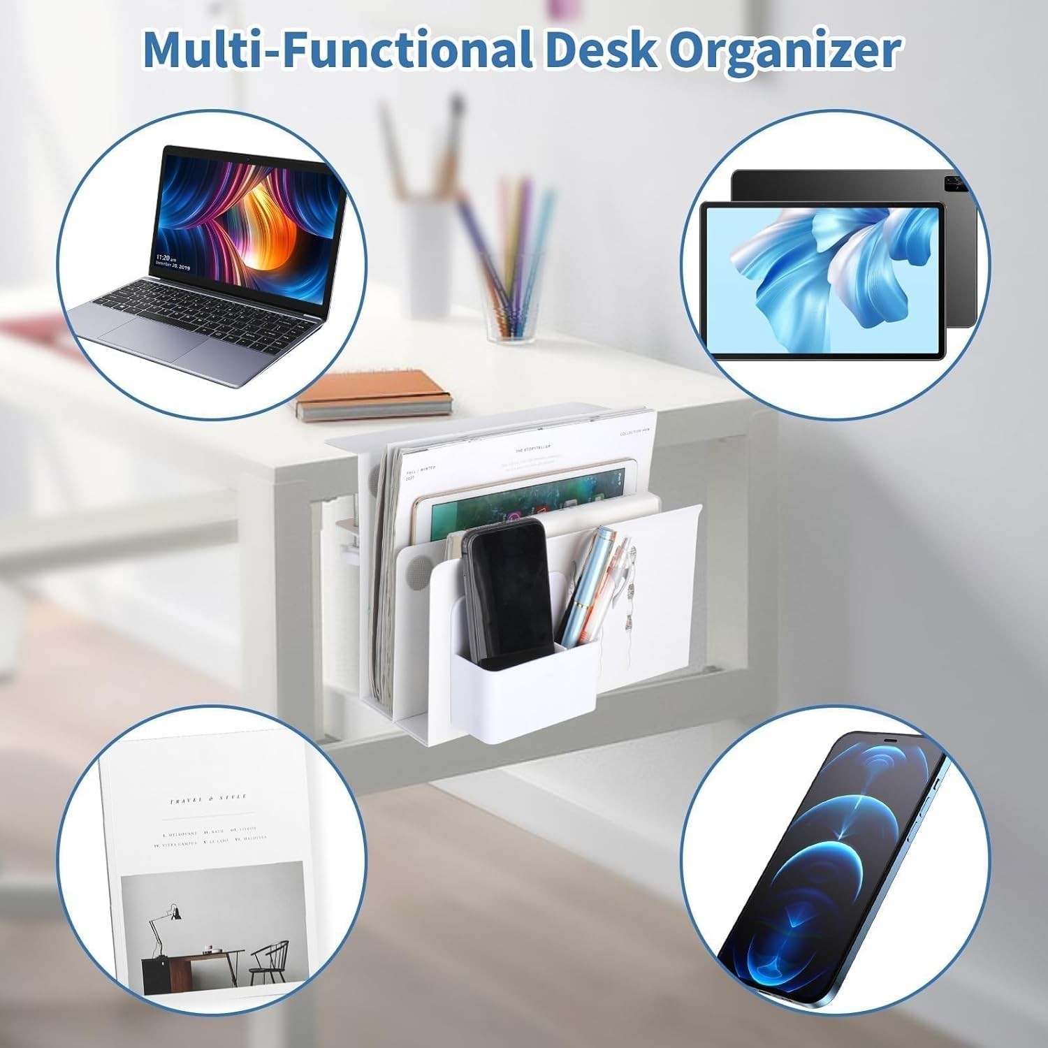 2 Tier Desk Side Storage Organizer Clamp On Carbon Steel No Drill Office Home