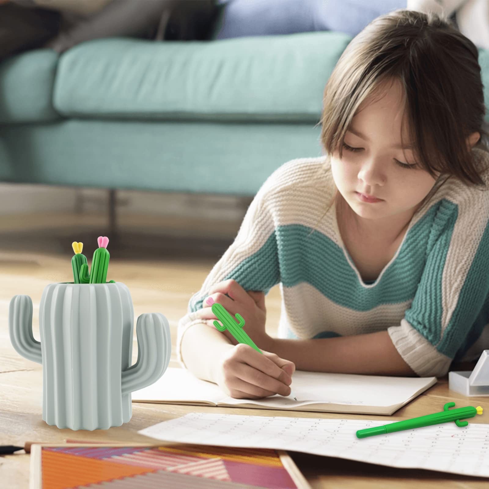 2 PCS Cactus Pen Holder – Organizer and 4 PCS Cactus Gel Pen, Multifunction C…