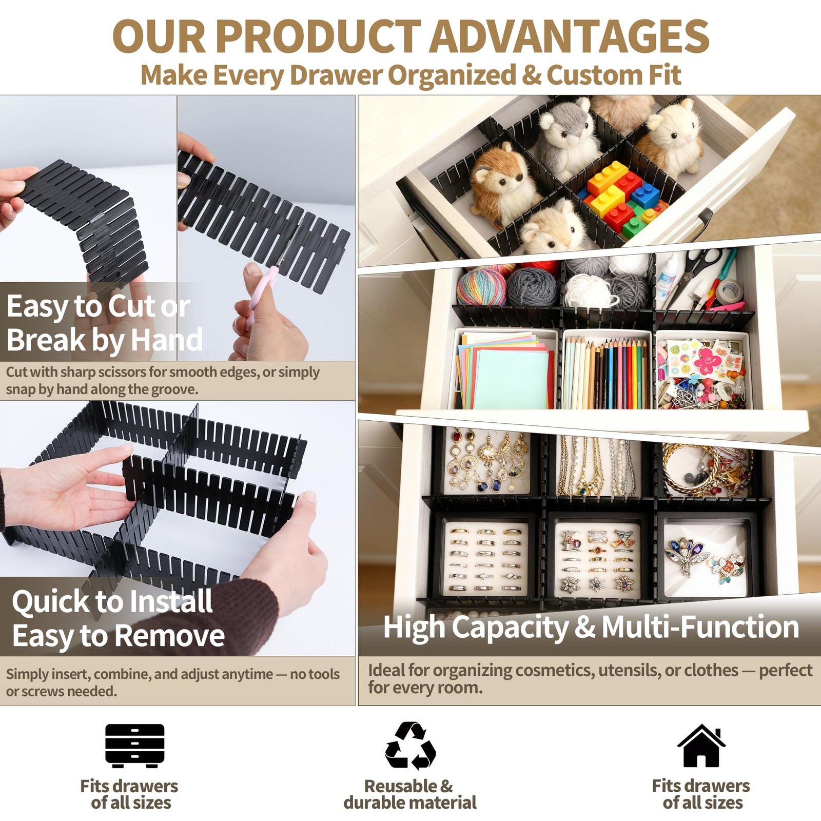 Bofoho Drawer Divider Adjustable Diy Storage Organizer Separator Black 8pcs