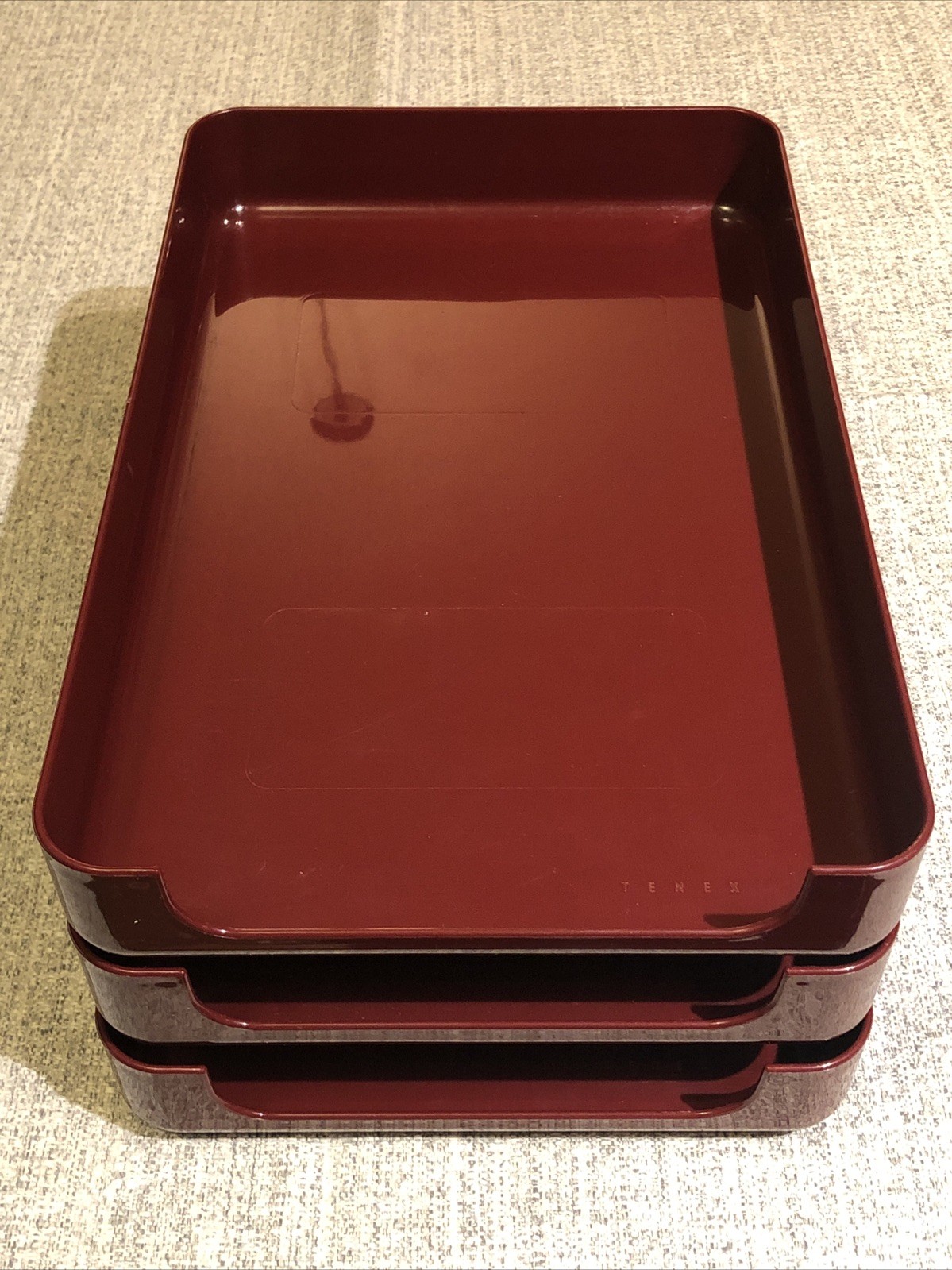 VTG 80s TENEX 200 Class Stacking Legal Size 3 Tier Office Desk Tray Set Burgundy