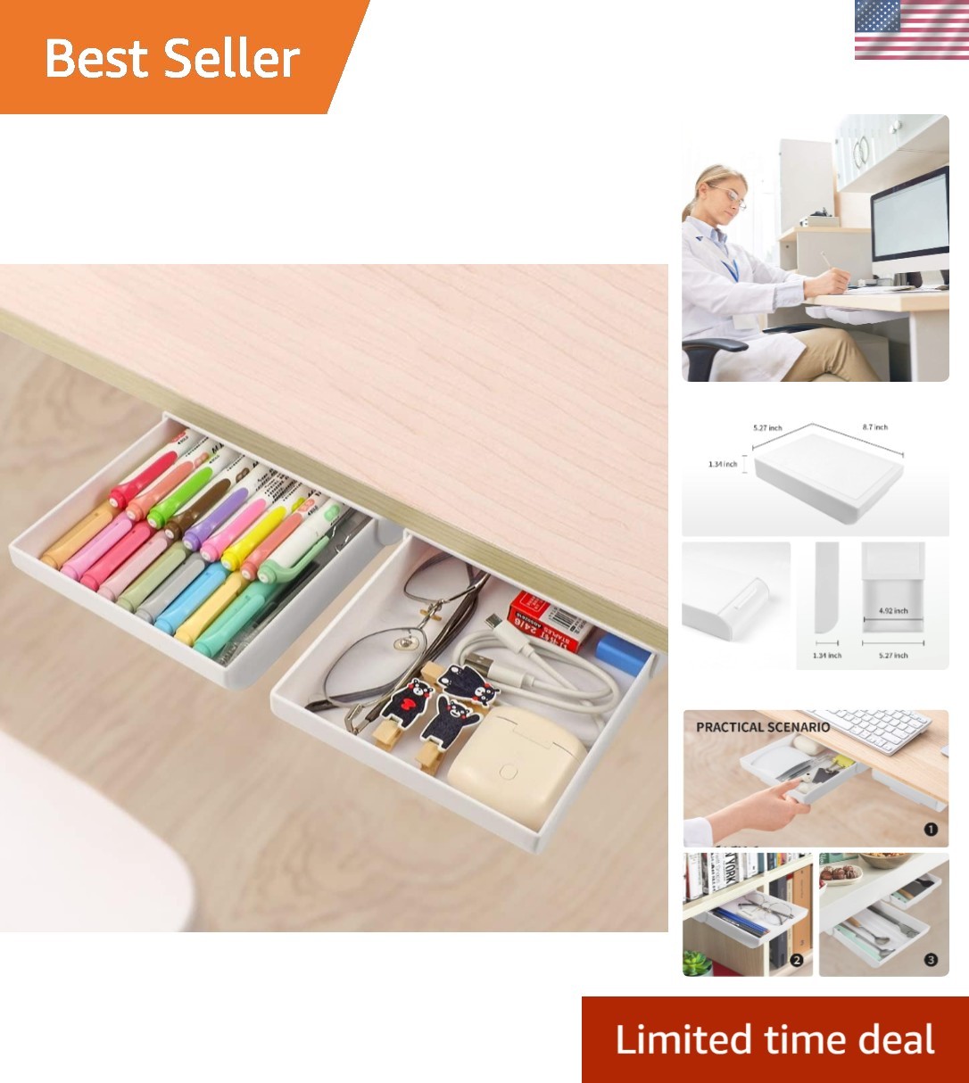 Elegant 2 Pack Adhesive Under Desk Drawer – Space-Saving Storage Solution