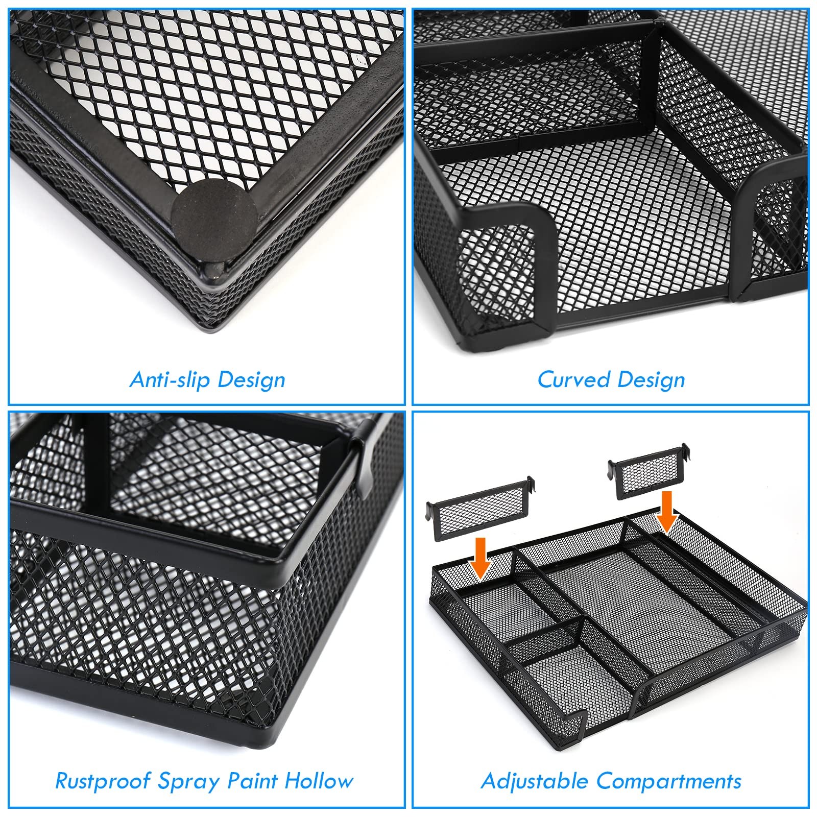 Desk Drawer Organizer Tray, 6Grid Metal Mesh, Adjustable Compartments