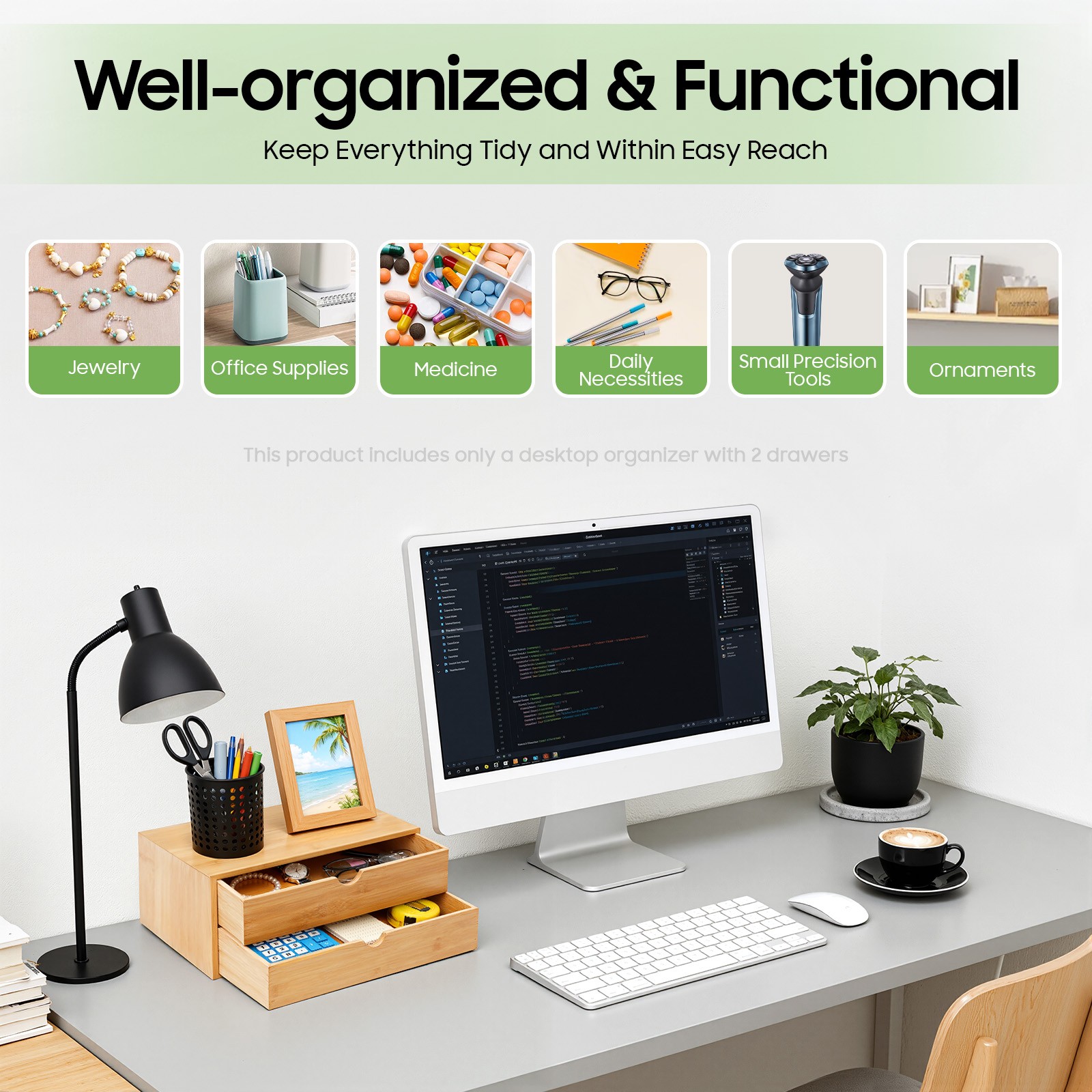 Bamboo Desk Organizer -Tabletop Mini Bamboo Desk Drawer Storage Box w/ 2 Drawers