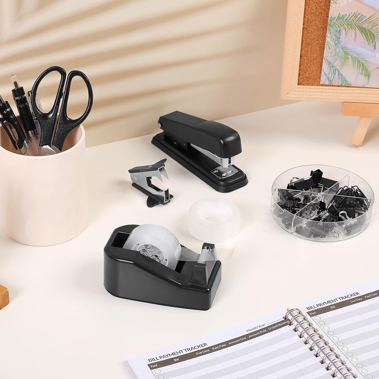 SKYDUE Black Office Supplies Set, Black Desk Accessories, Stapler, Tape Dispense