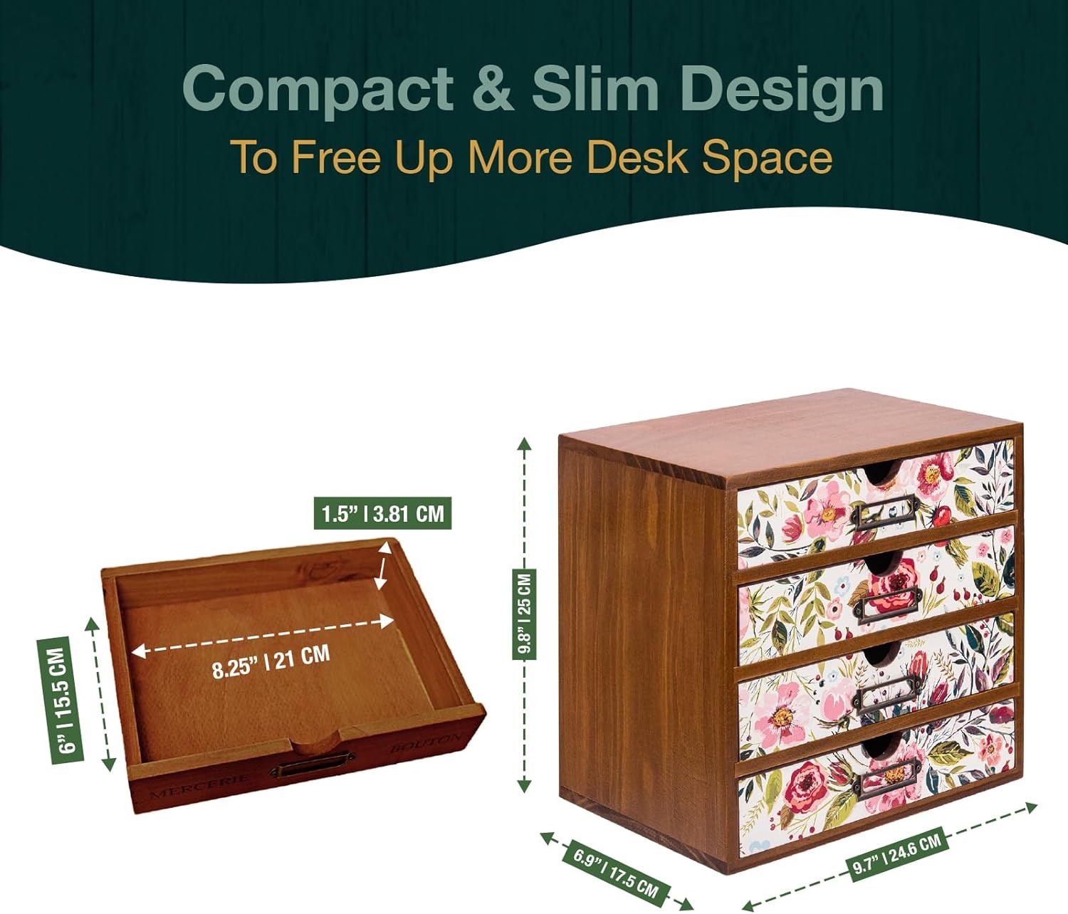 4-Drawer Vintage Desk Organizer in Floral Vibrant Botanical Flower on White