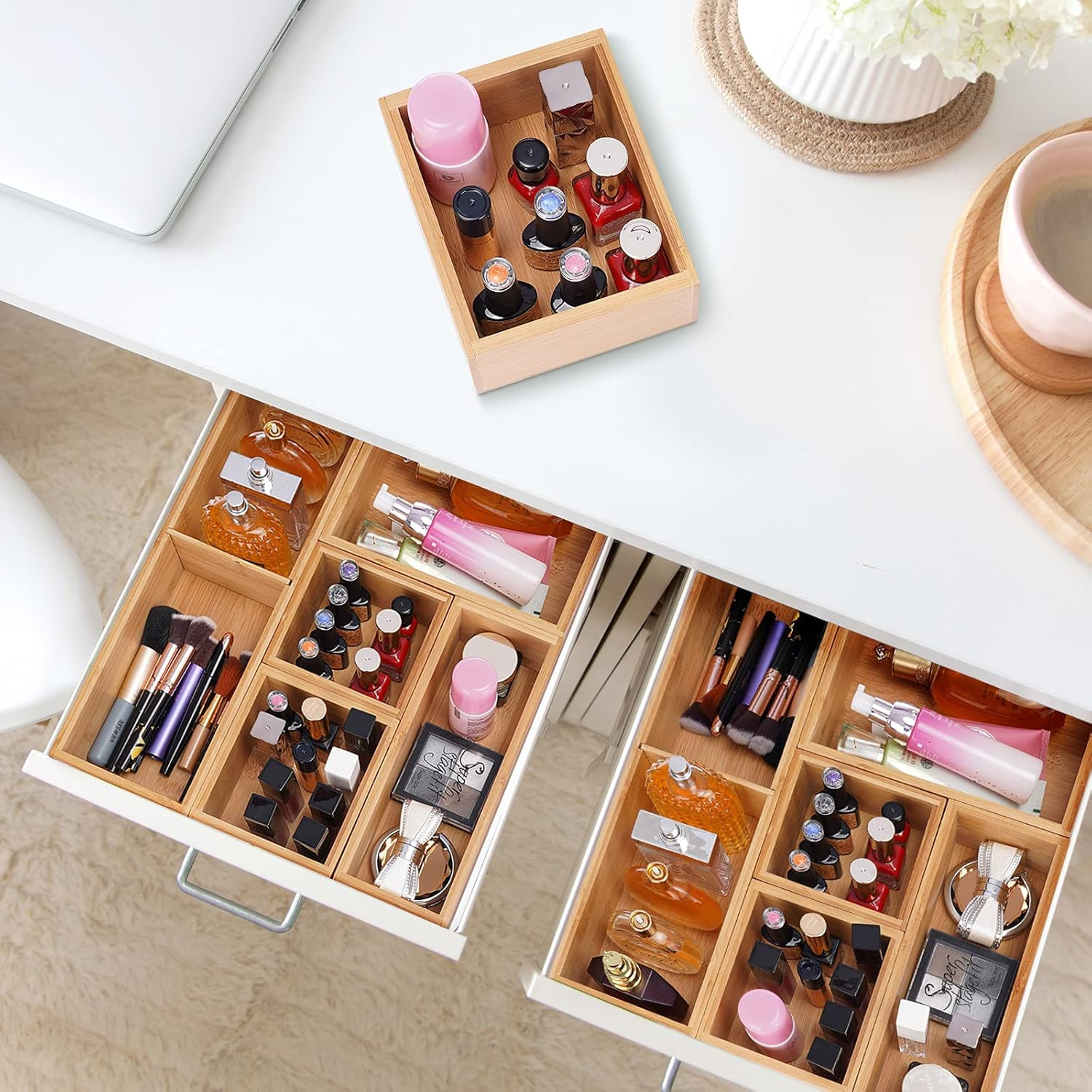 Bamboo Drawer Organizer Boxes Set of 5 for Bathroom Vanity Desk Kitchen