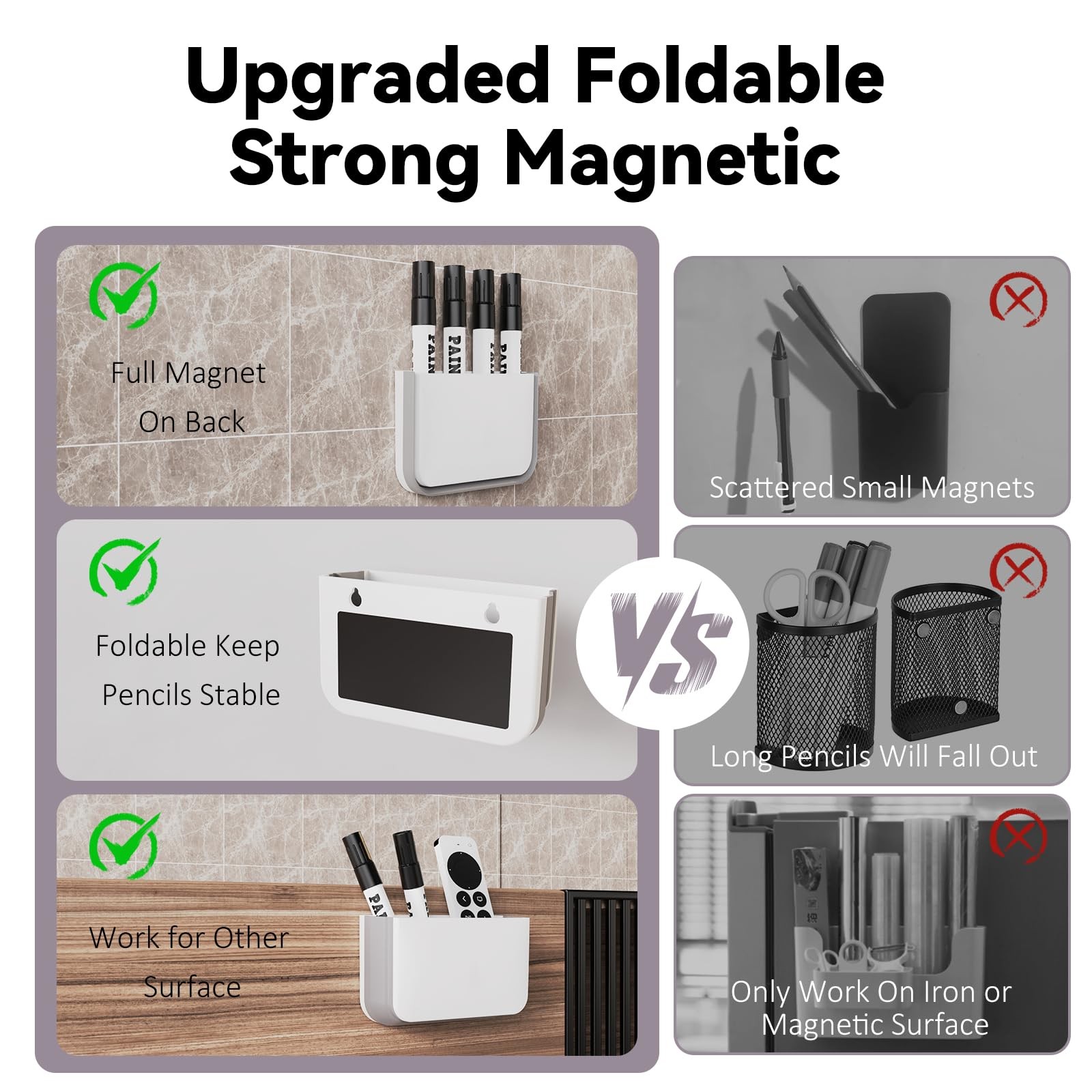 Magnetic Foldable Pen Holder, Dry Erase Marker Pencil White