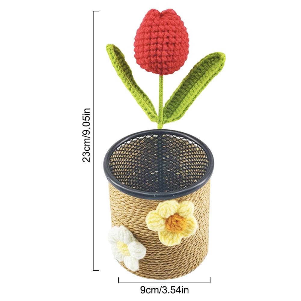 Crochet Tulip Pencil Holder Handmade Woolen Yarn Flower Pen Holder Desktop St…