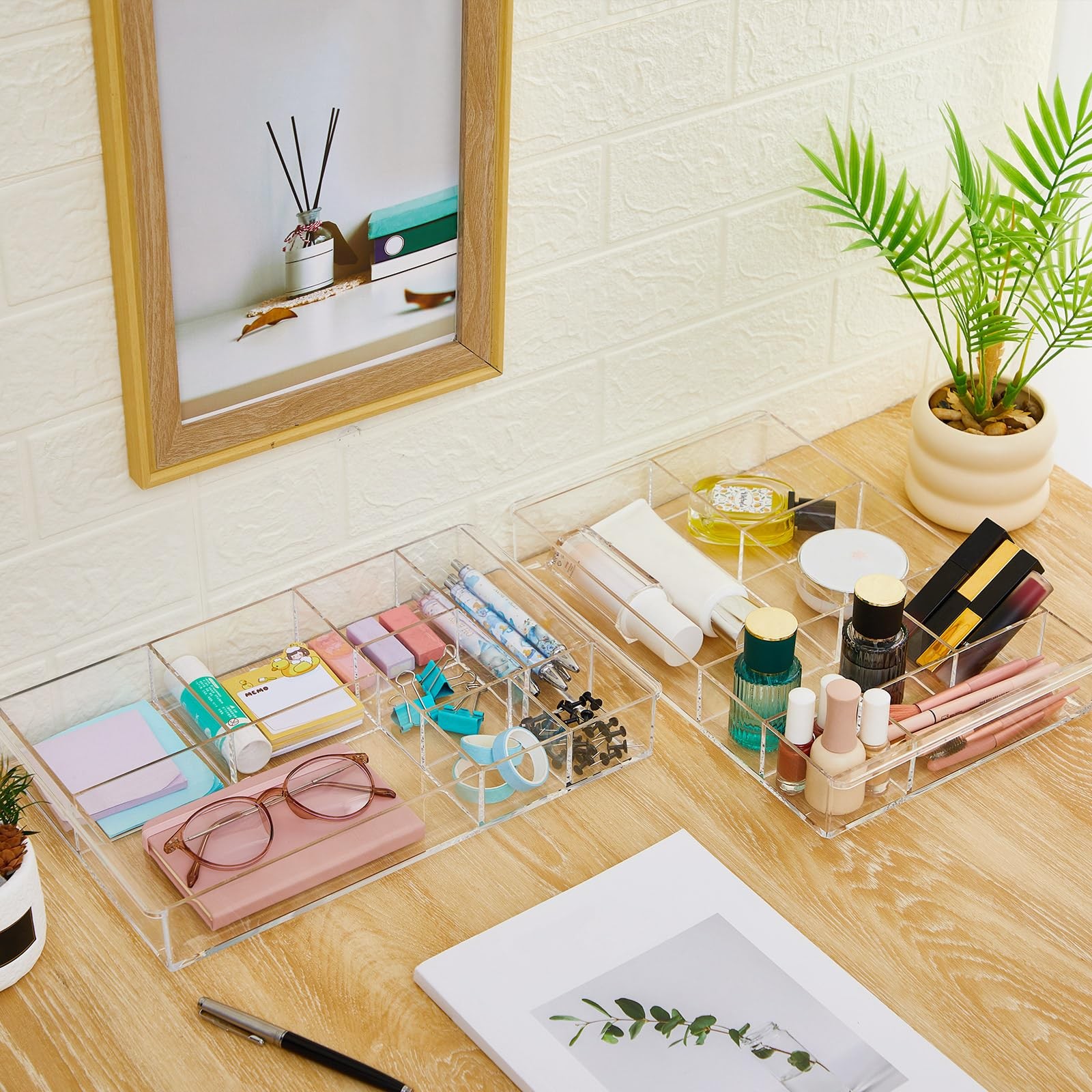 3 Pcs Clear Acrylic Desk Drawer Organizer 13.7×8.7×2 Inch 8 Compartments Tray