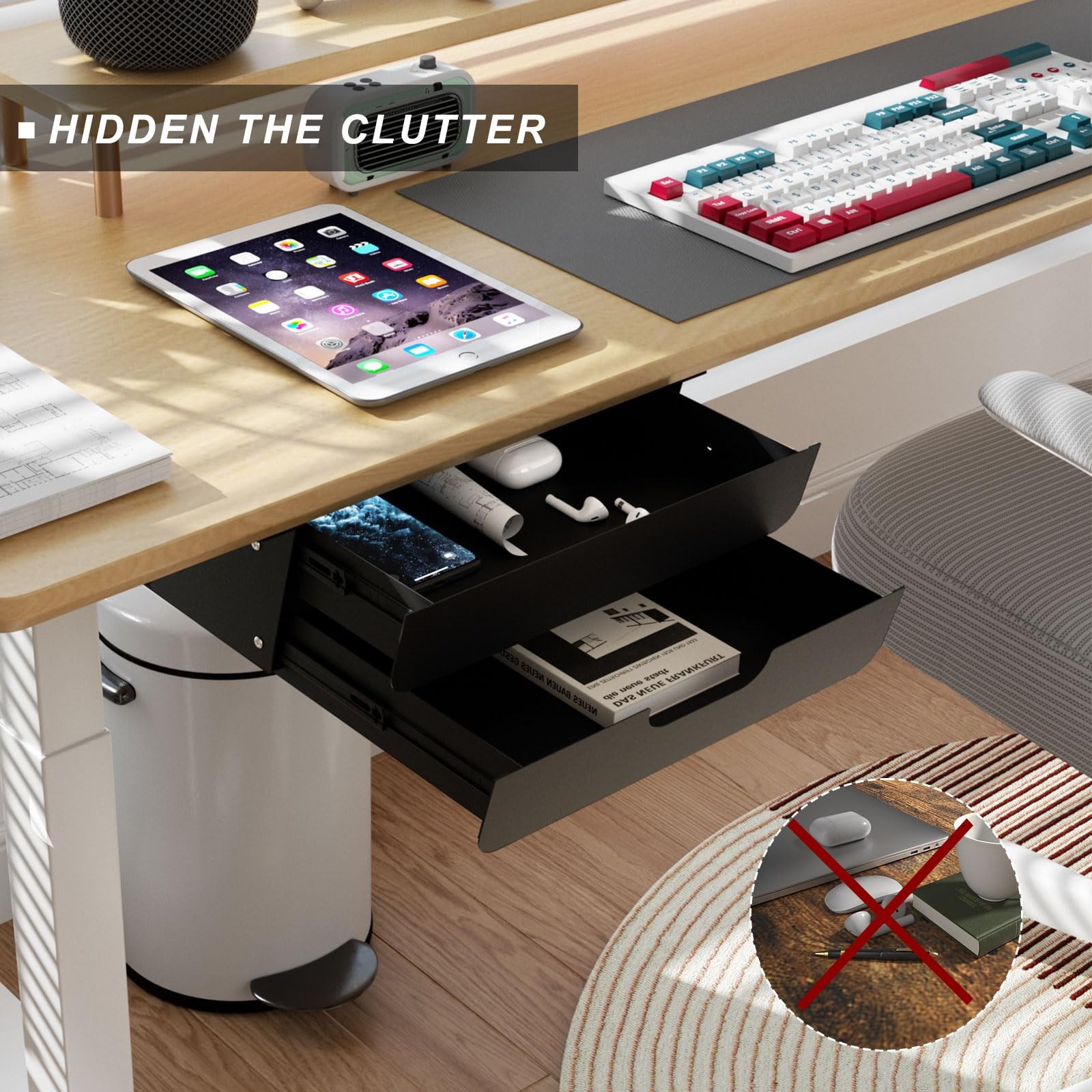 Under Desk Mounted Sliding Double Layer Drawer with Tilt Panel to Pull Black
