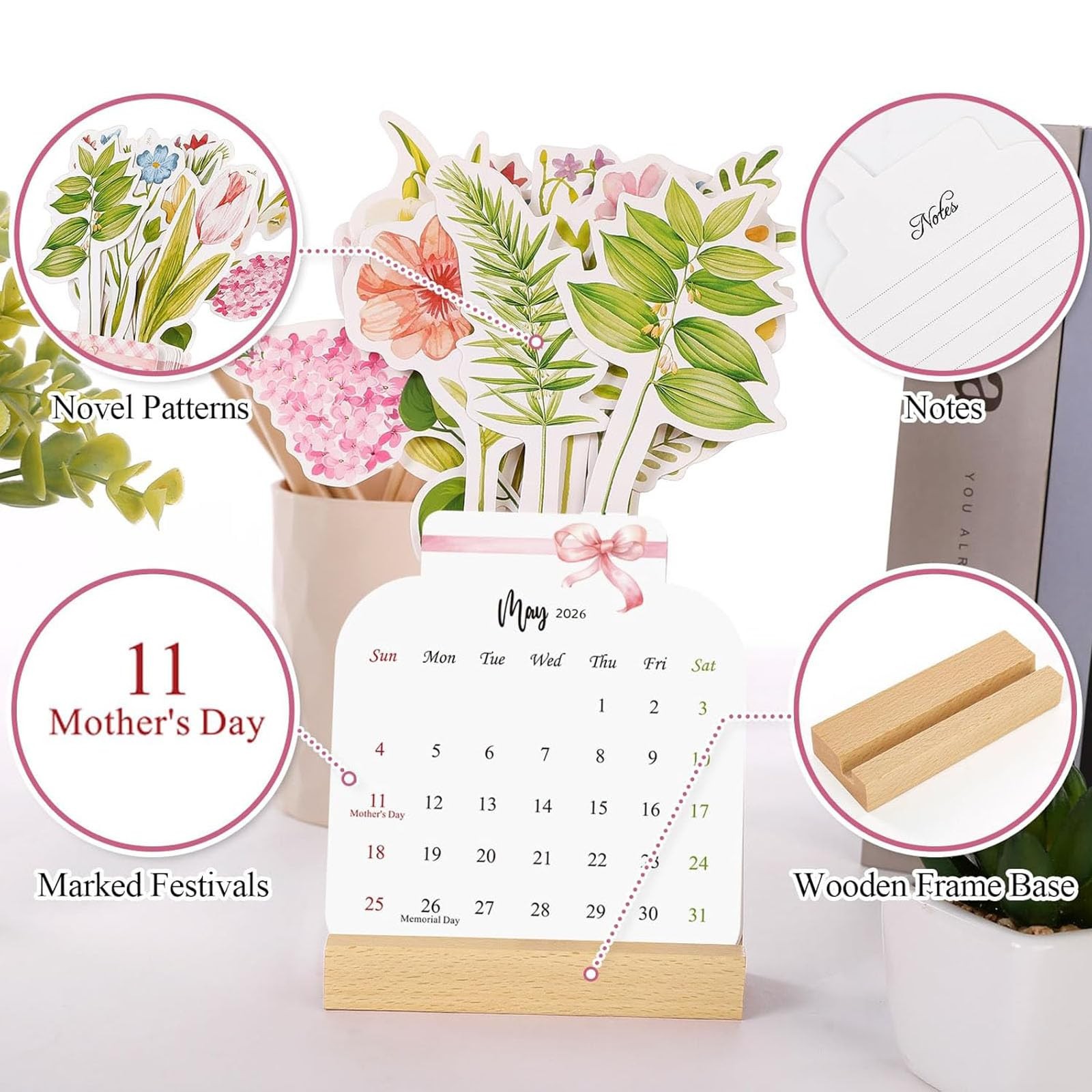 2026 Creative Floral Desk Calendar,Mini Flowers Standing Calendar,Small 1PC
