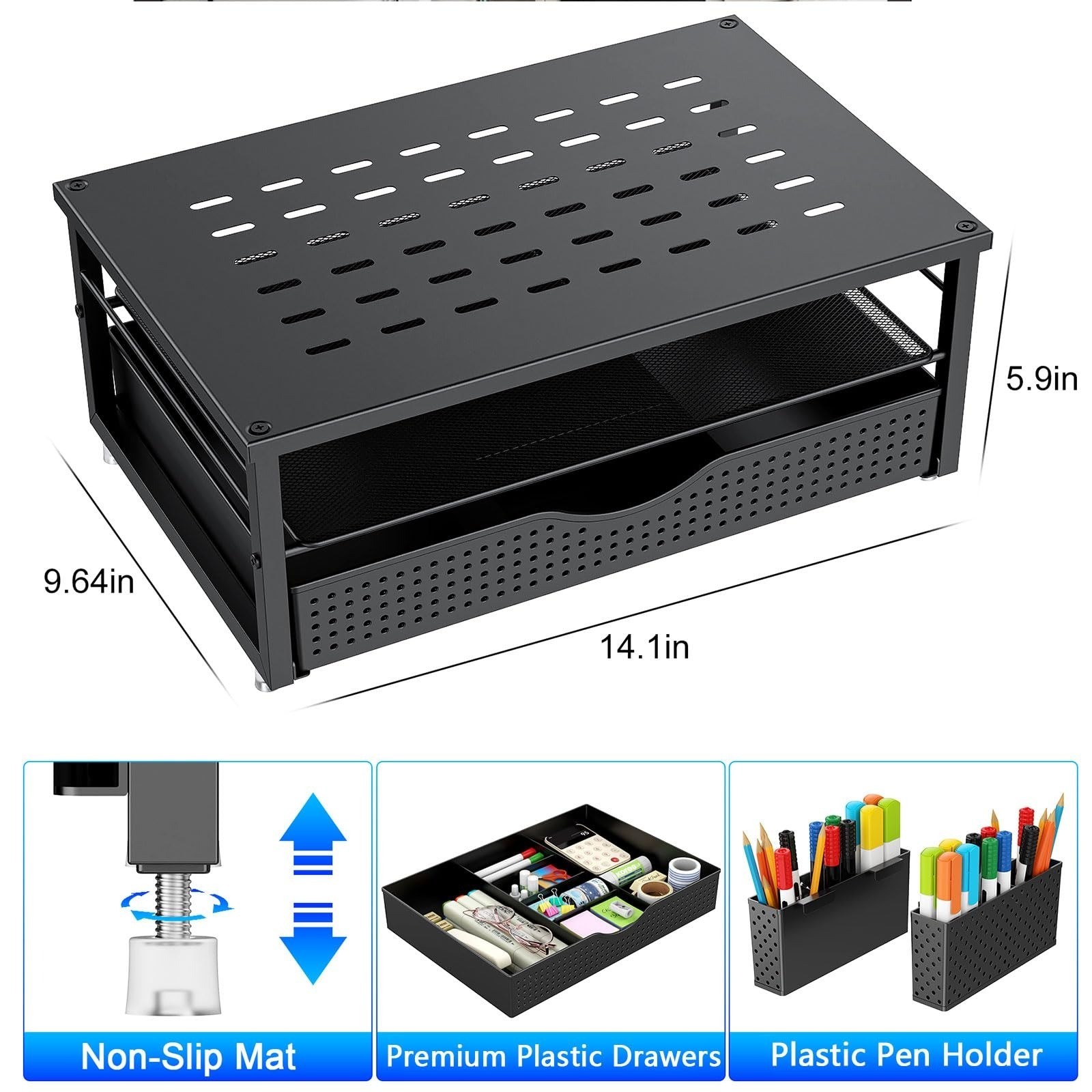 gianotter Desk Organizer with Drawer & Pen Holders – Black Monitor Stand
