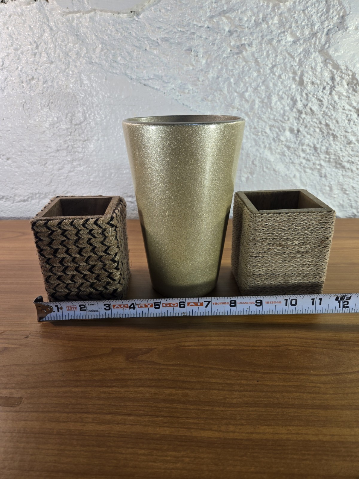 Boho Desk Organizer Set – 3pc Glossy Gold Vase & Burlap Wrapped Pencil Holders