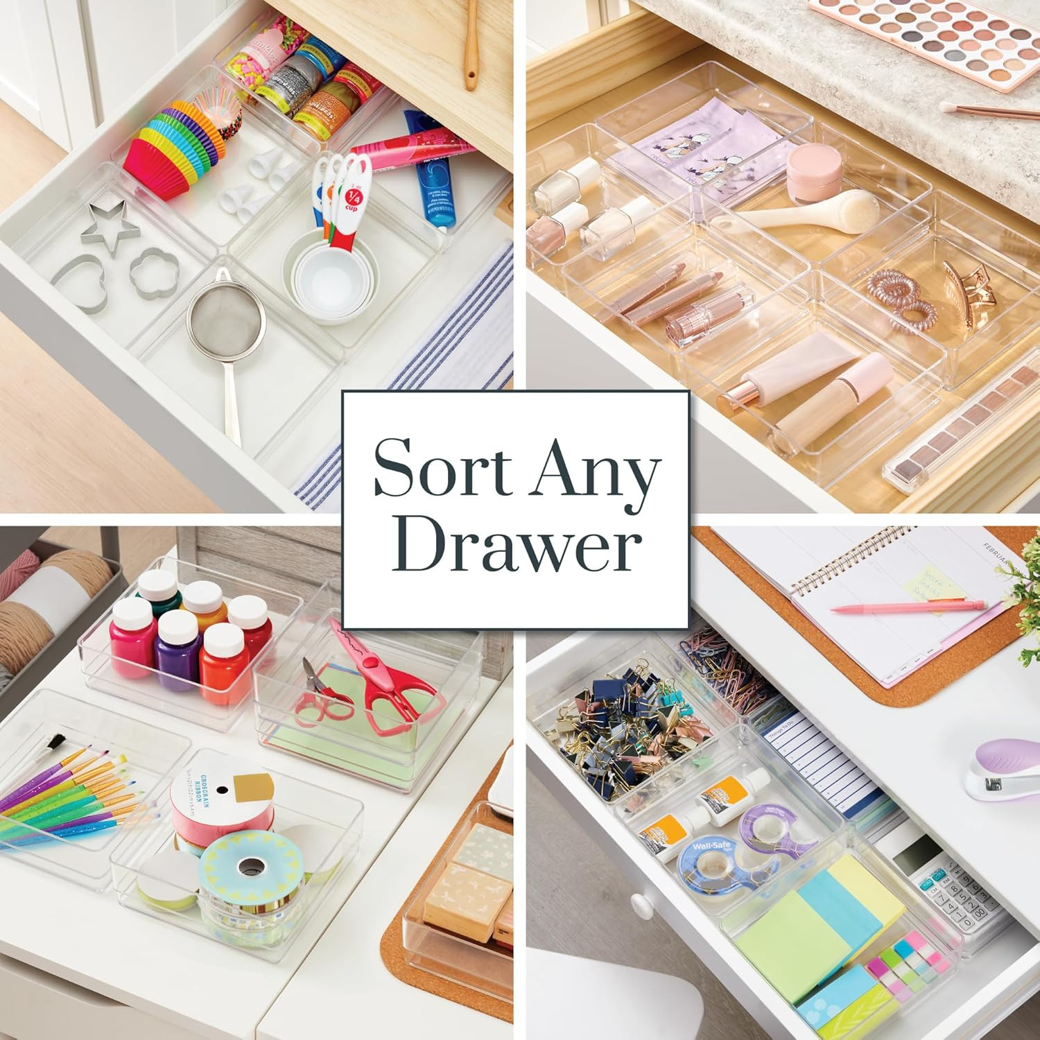 6-Piece Stackable Clear Drawer Organizer Trays 6x6x2 Square Storage Bins