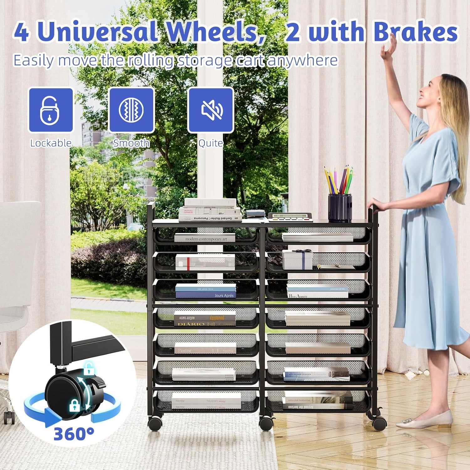 15-Tier Rolling File Cart, Desk File Organizer with 14 Mesh Sliding Trays,