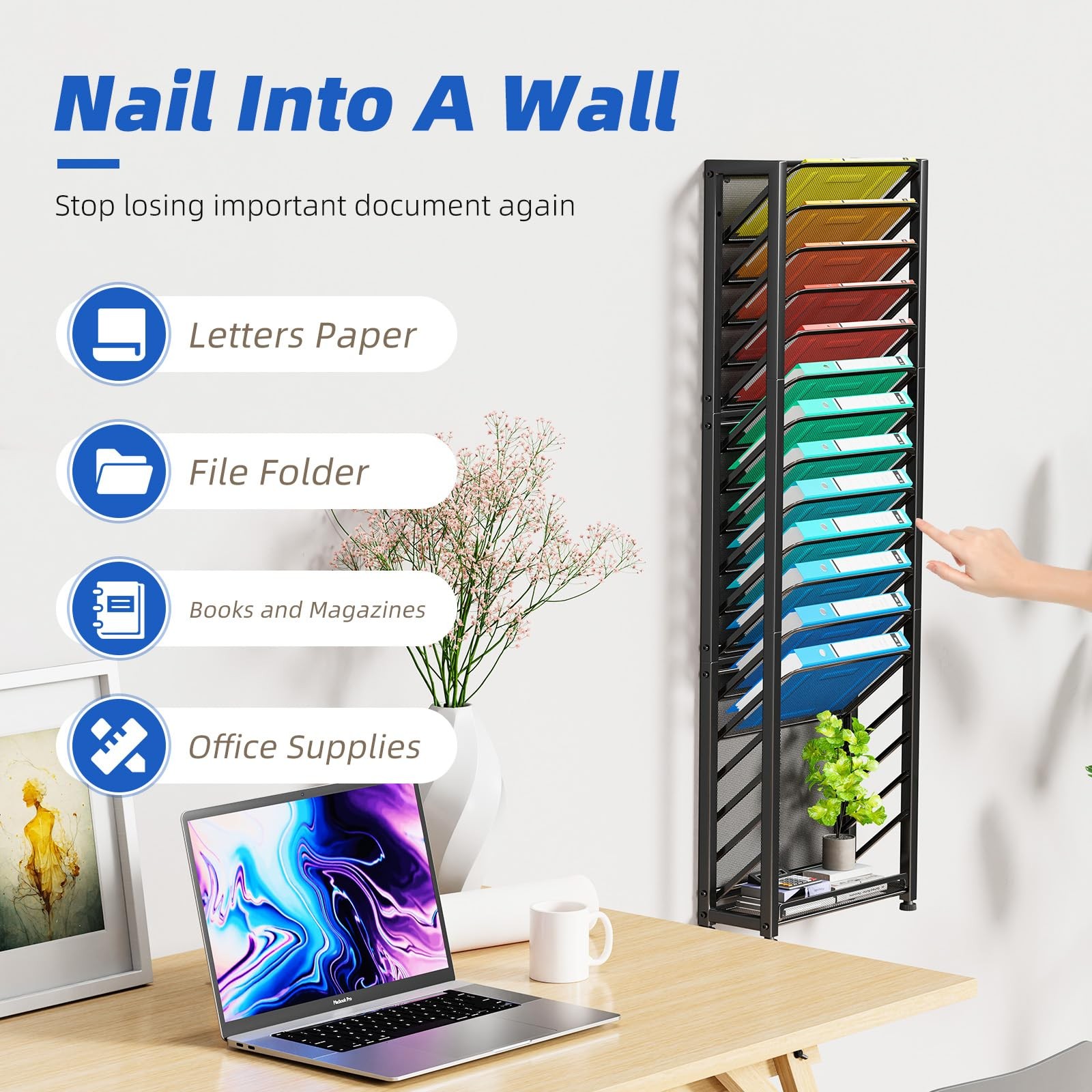 Simple Trending Wall File Organizer, 14.12”L x 5.27”W x 40.12”H, Black