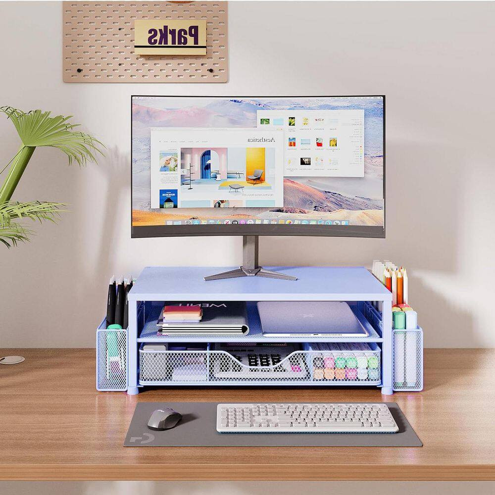 Blue 15.5 In. X 6.3 In. Metal Modern Desk Organizers with Drawer and 2 Pen Holde