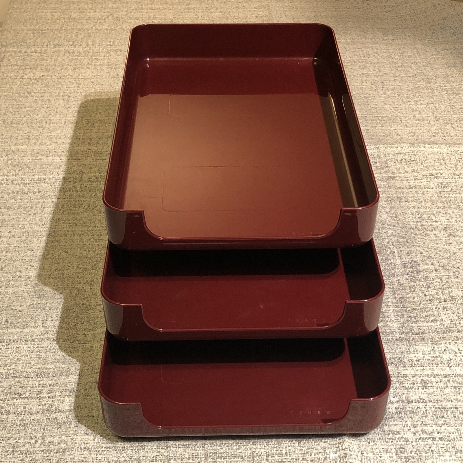 VTG 80s TENEX 200 Class Stacking Legal Size 3 Tier Office Desk Tray Set Burgundy