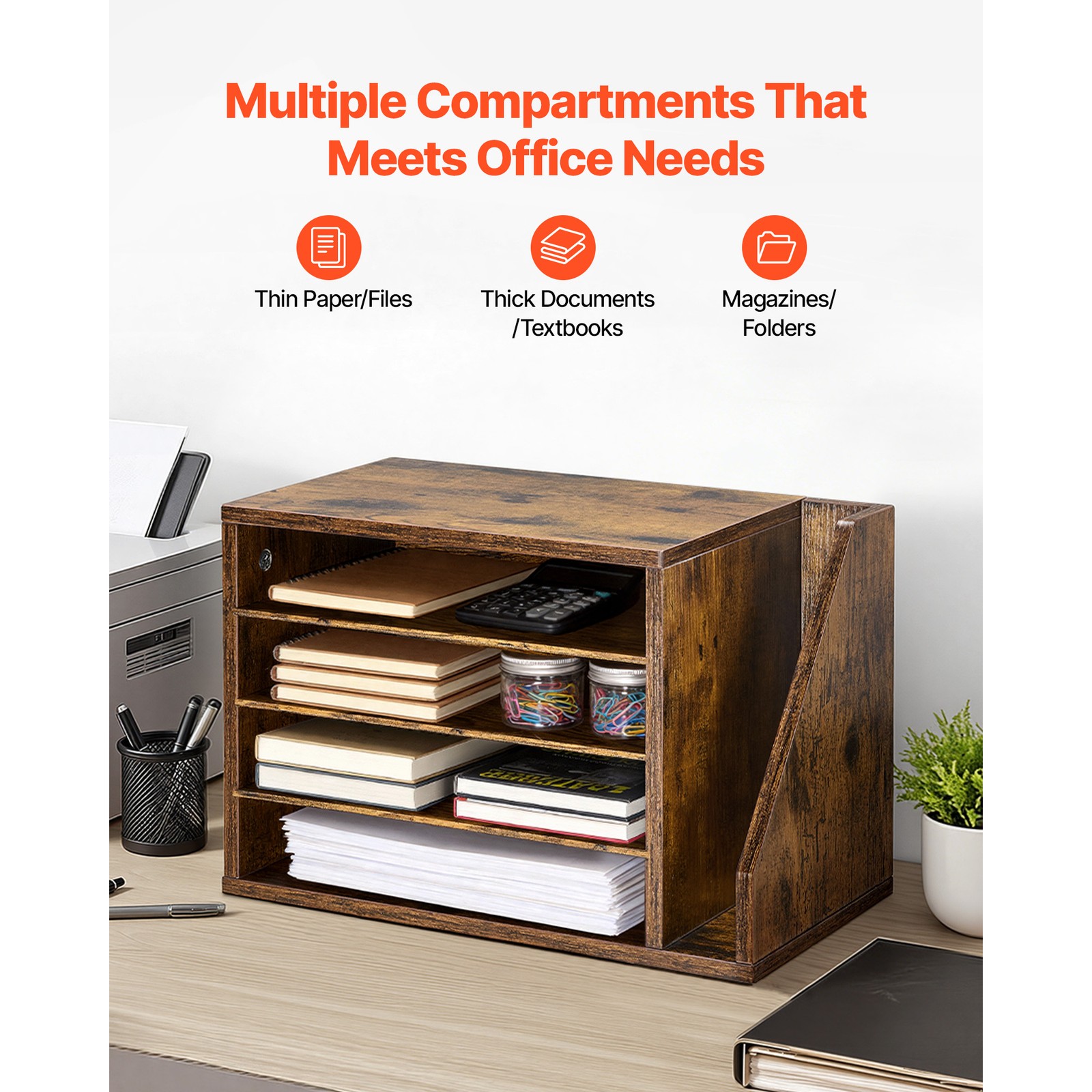 Uimoso 4-Compartment Office Mail Organizer with Detachable Shelves, Brown