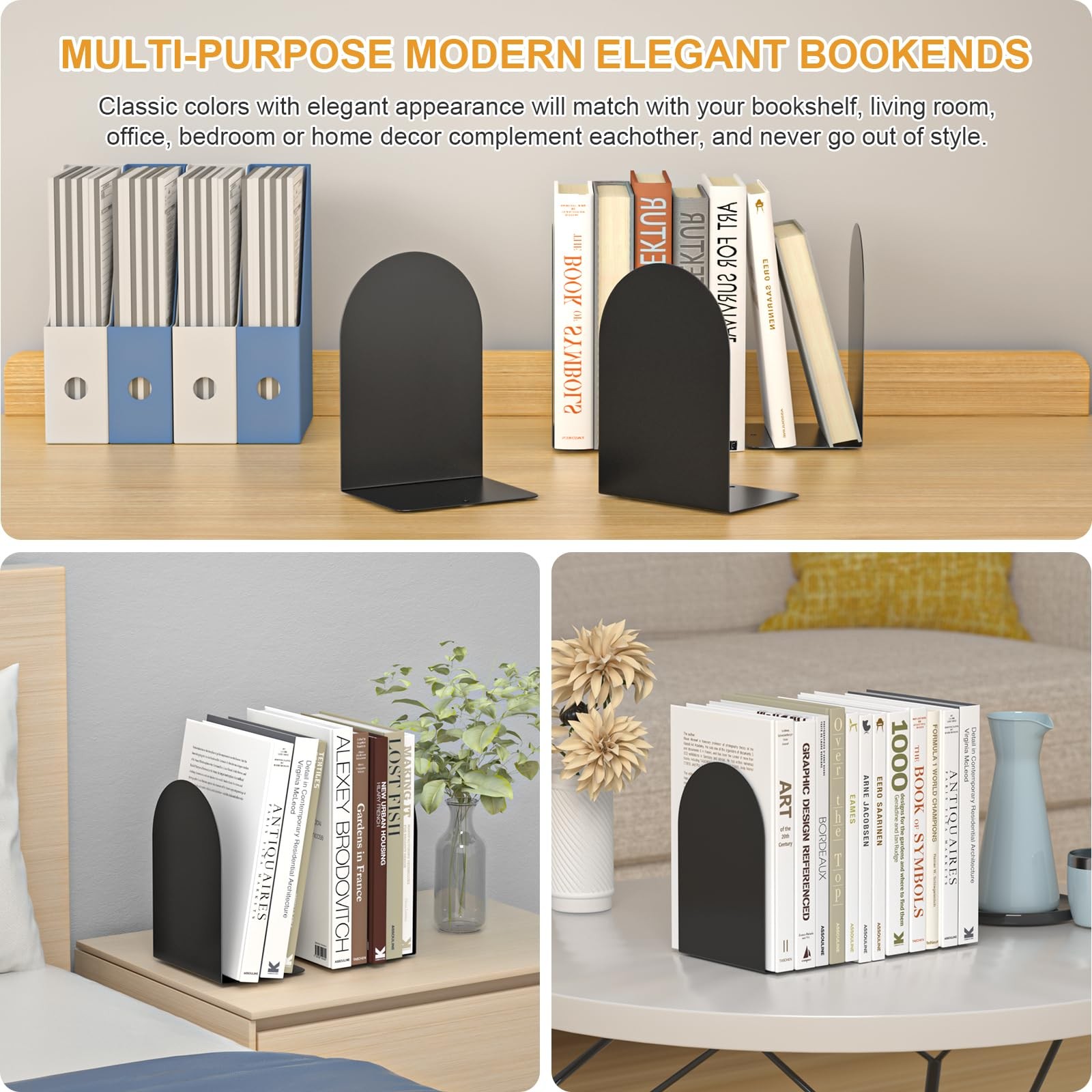 ALOTCHE Bookends 1 Pair, Metal Round for Shelves, Book Ends Black