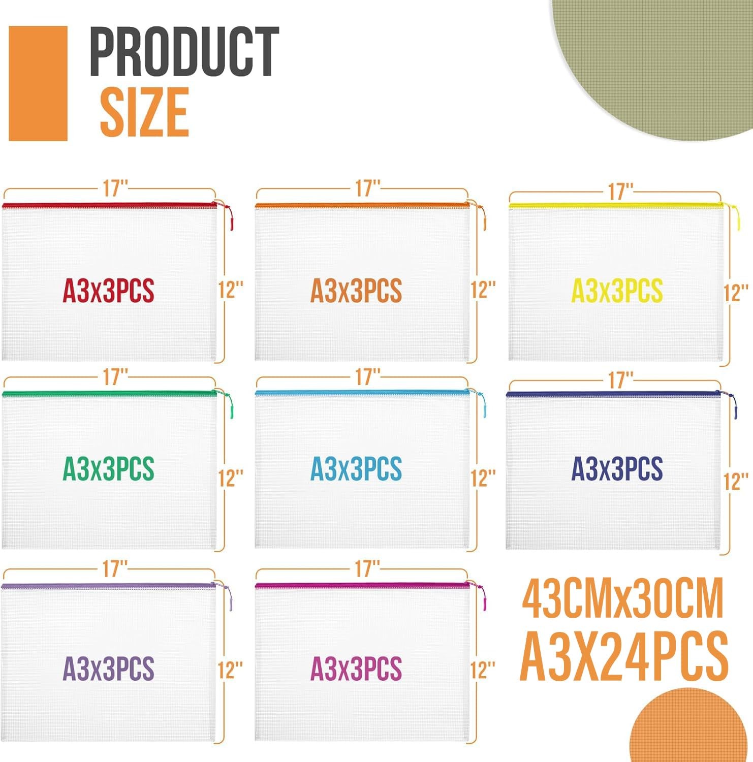 24pcs Mesh Zipper Pouch File Bags Puzzle Storage Bags, A3 17×12 Inches Large …
