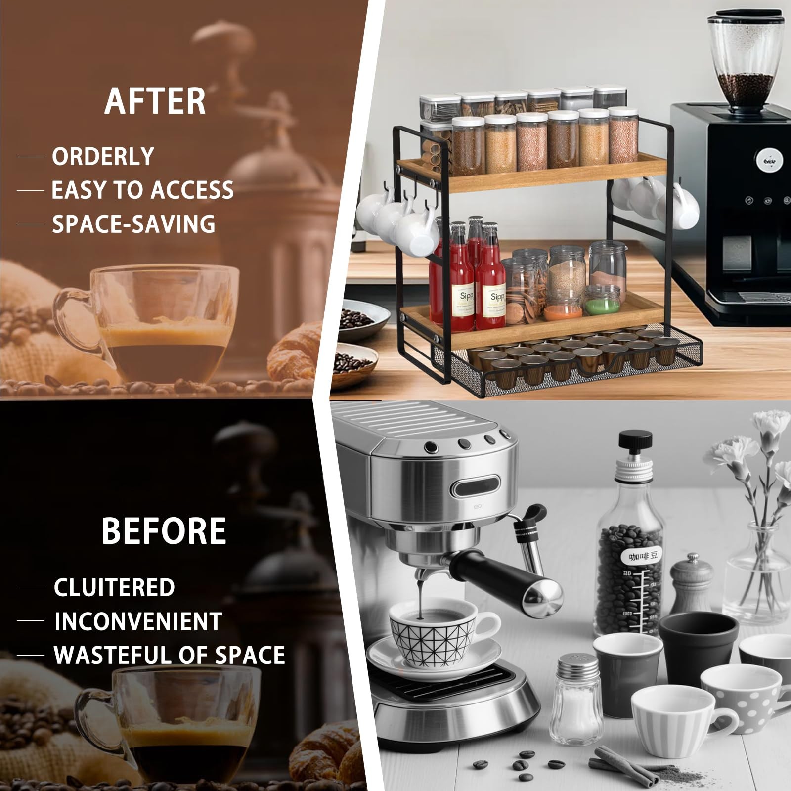LEMIKKLE Coffee Station Organizer with Pod Holder Large storage, Light Brown