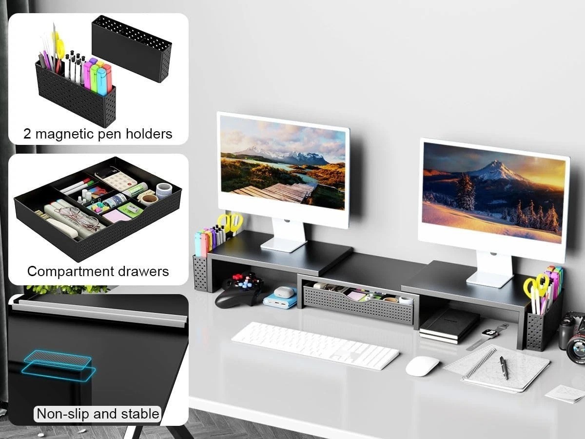 Ergonomic Dual Monitor Stand with Drawer & Pen Holders – Black Desktop Organizer