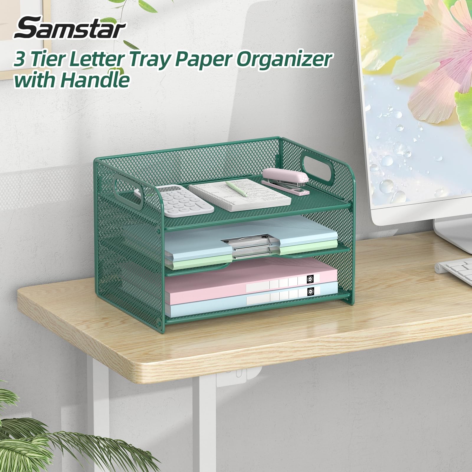 Green 3~Tier Mesh Desk Organizer Letter Tray with Handle