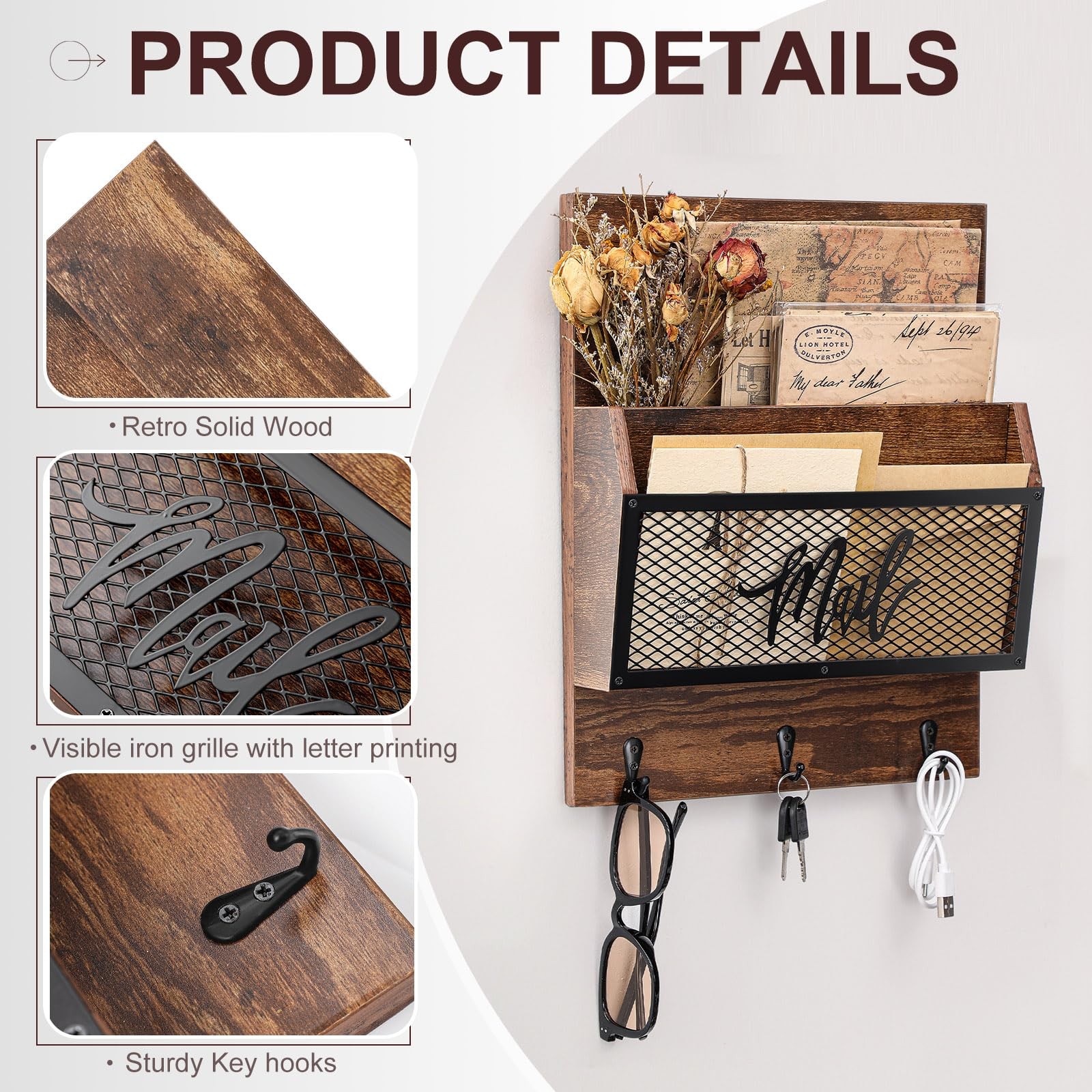 Farmhouse Organizer Wall Mounted Rustic Holder Hanging Key Sorter with 3 Hook…