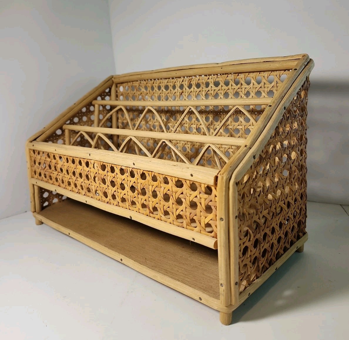 Vintage Bamboo & Rattan Cane Wood Surface Top Desk Top Letter Organizer