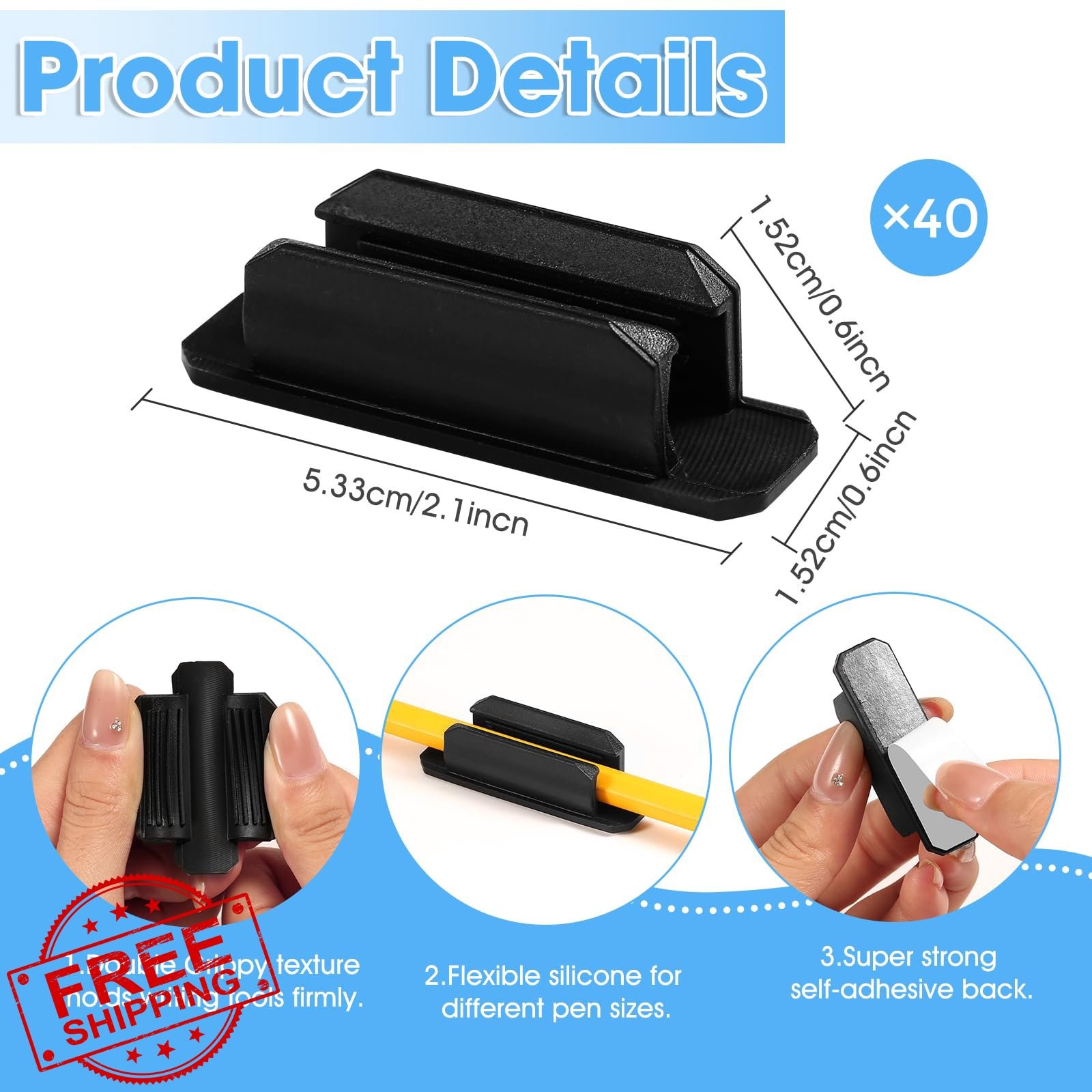 VZZNN 40 Pack Adhesive Pencil Holders, Desk Pen Grips Silicone