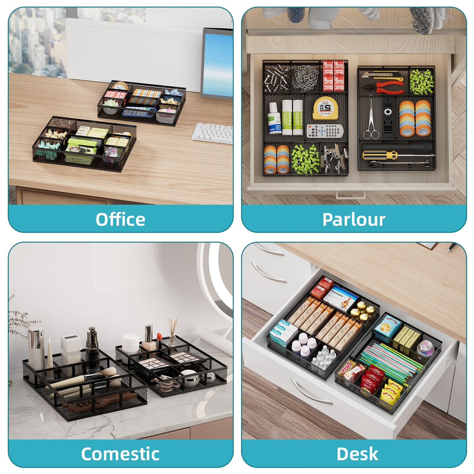 Marbrasse 2 Pack Desk Drawer Organizer, Mesh Drawer Organizer Tray with 8 Adjust
