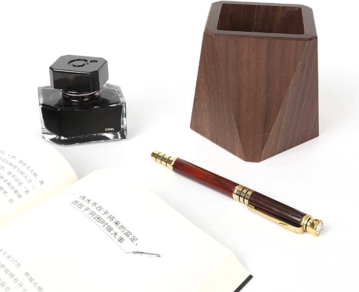 Black Walnut Wooden Pencil Box Desk Organizer Pen Holder Prismatic Shape
