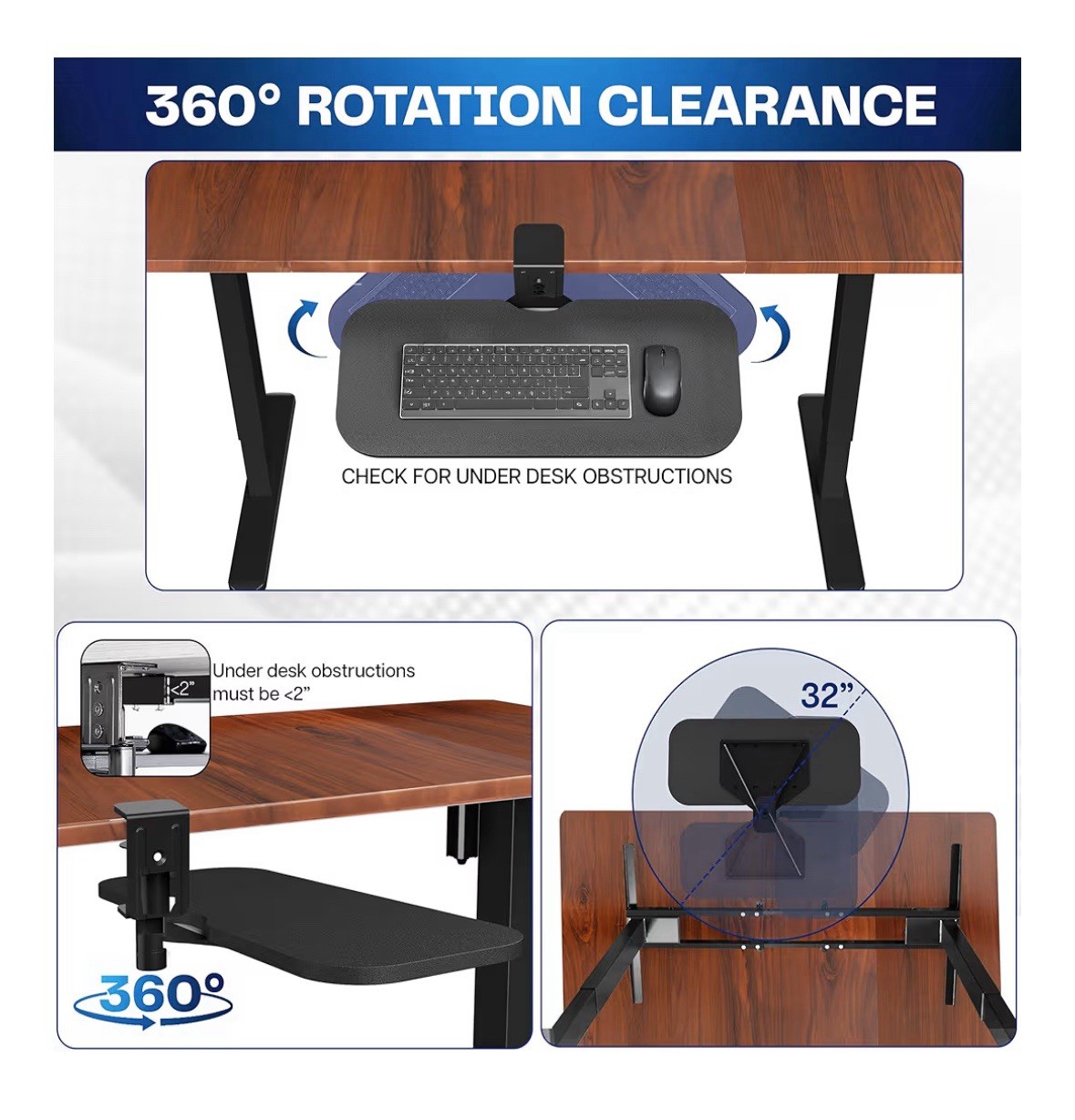 VIVO Clamp On Keyboard Tray 23×10 Rotating Under Desk Ergonomic Black