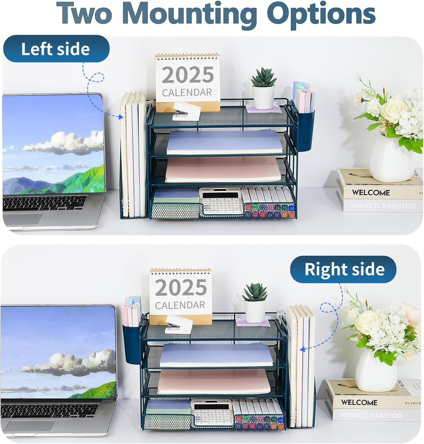 Desk Organizer, 4-Tier Desktop File Organizer with Drawer and 2 Pen Holders, Off