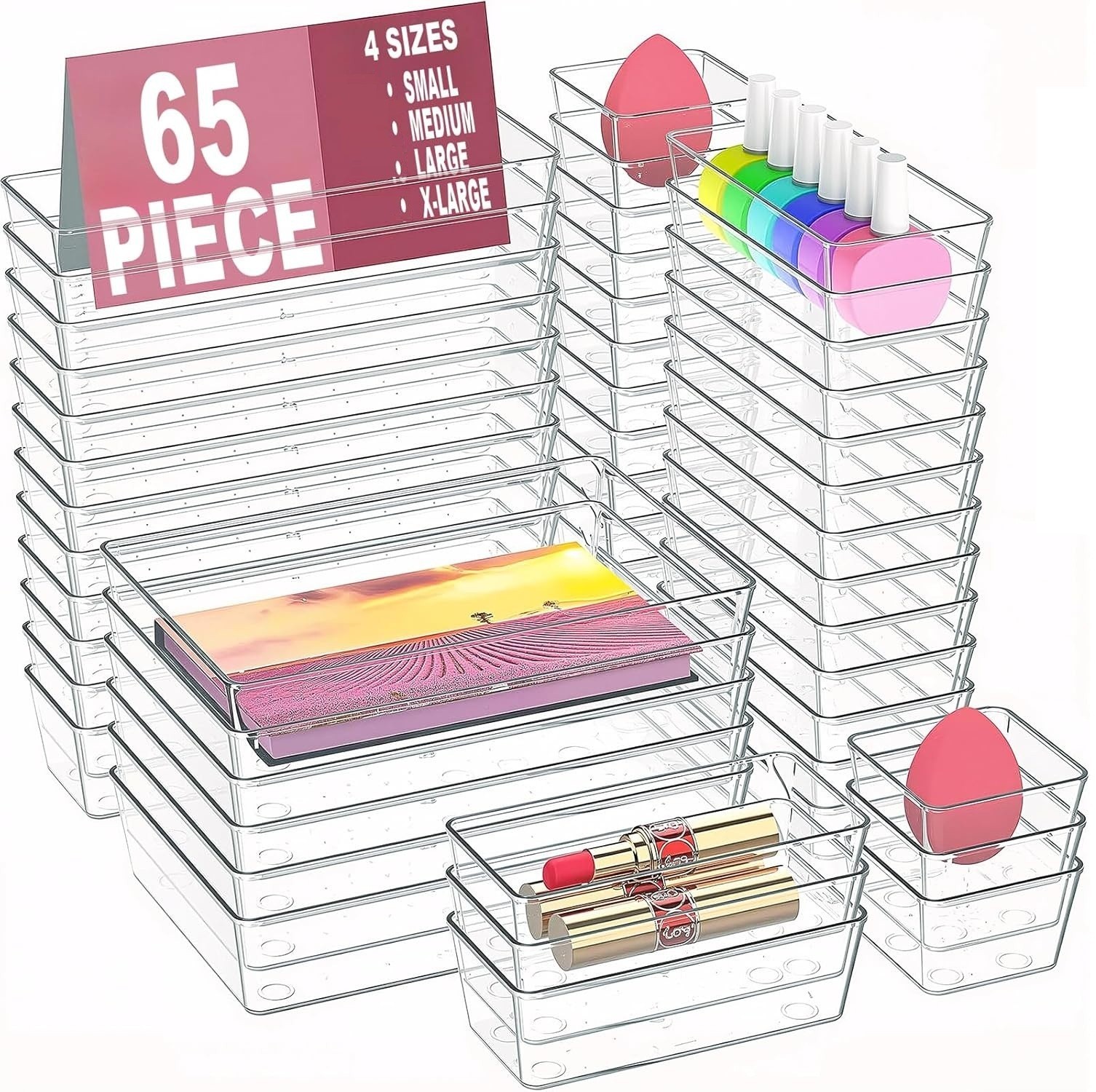 65 Piece Clear Plastic Drawer Organizer Set Space Saving Design, 4 Sizes