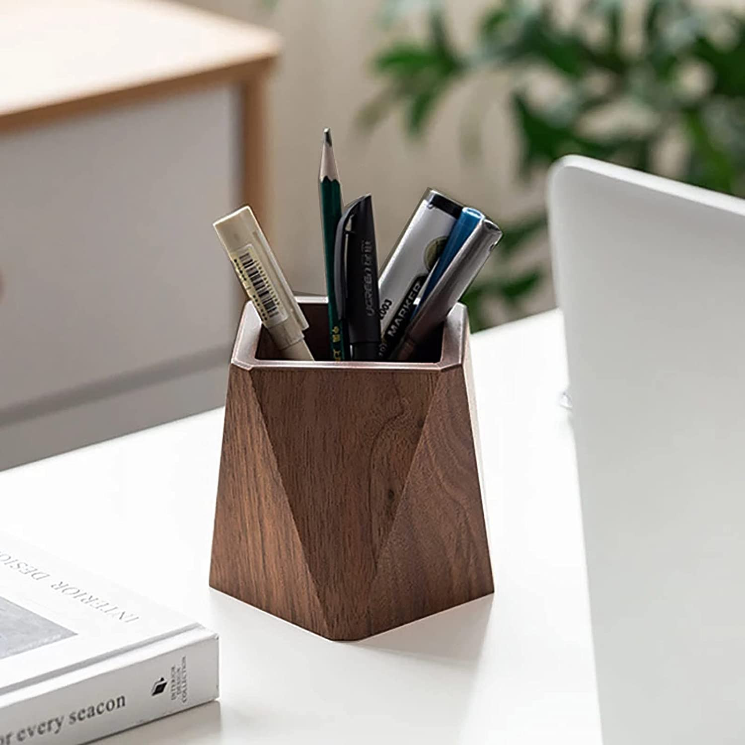 Black Walnut Wooden Pencil Box Desk Organizer Pen Holder Prismatic Shape