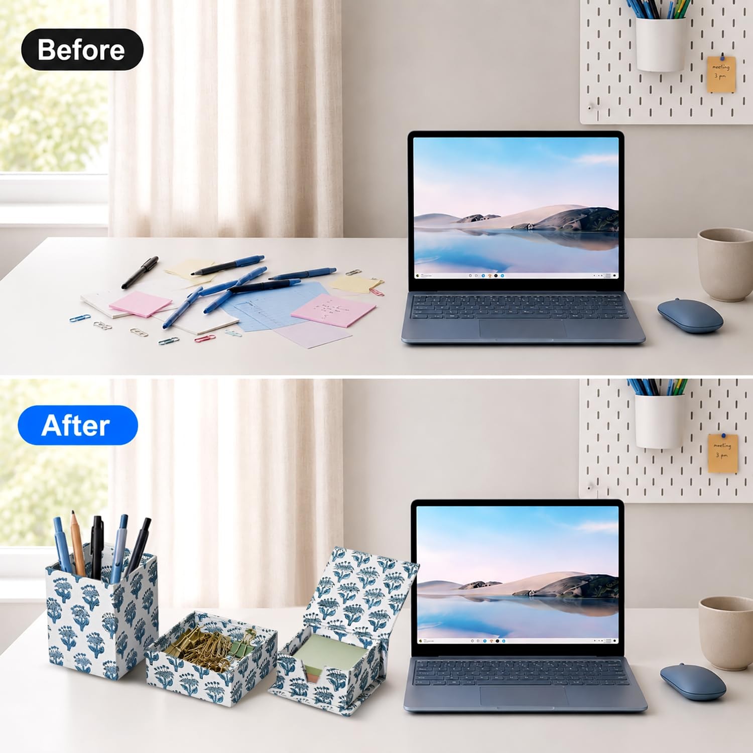 CPC Apatite Blue Block Print Set of 3 Desk Organizer Pen And Sticky Note Hold…